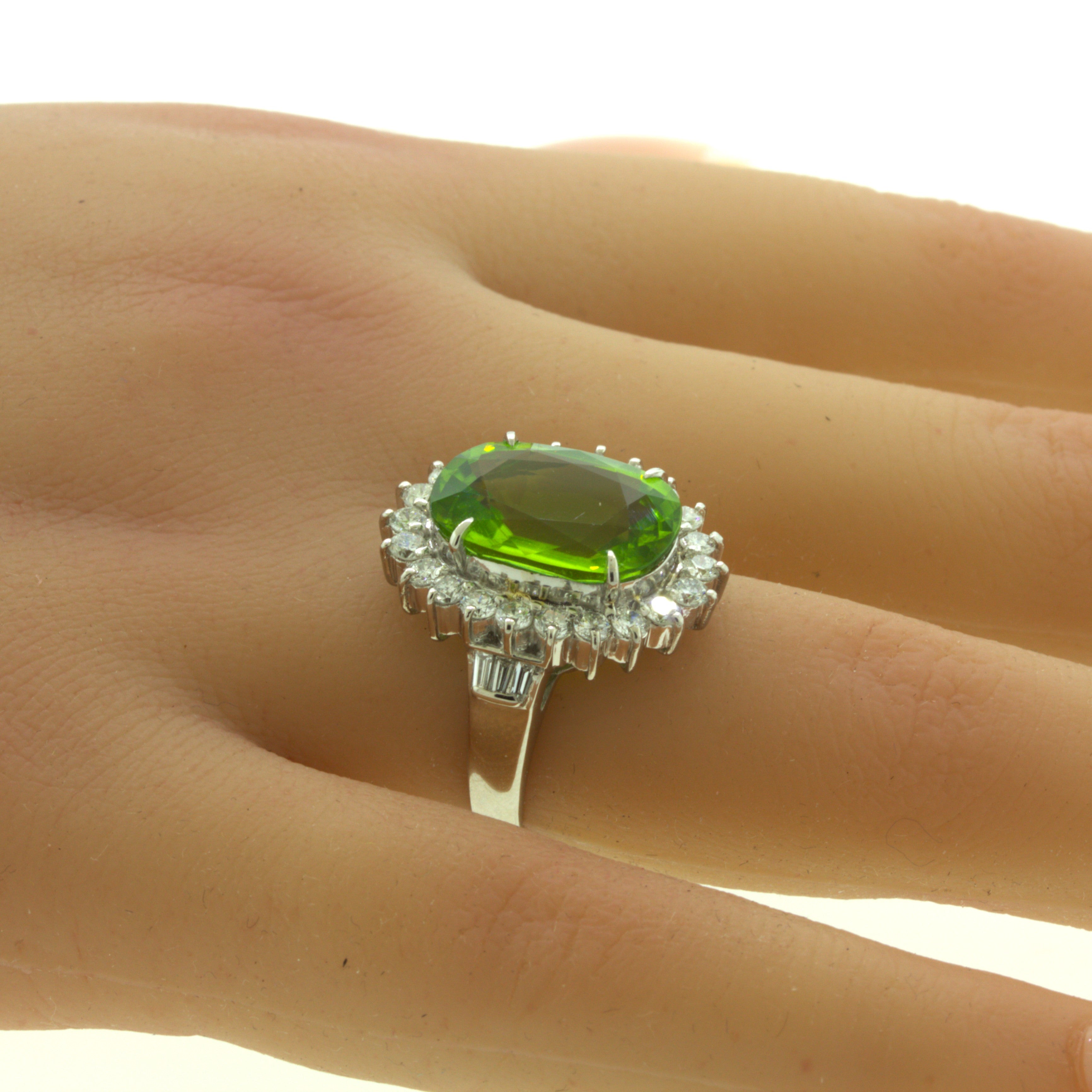 7.92 Carat Peridot Diamond Halo Platinum Ring