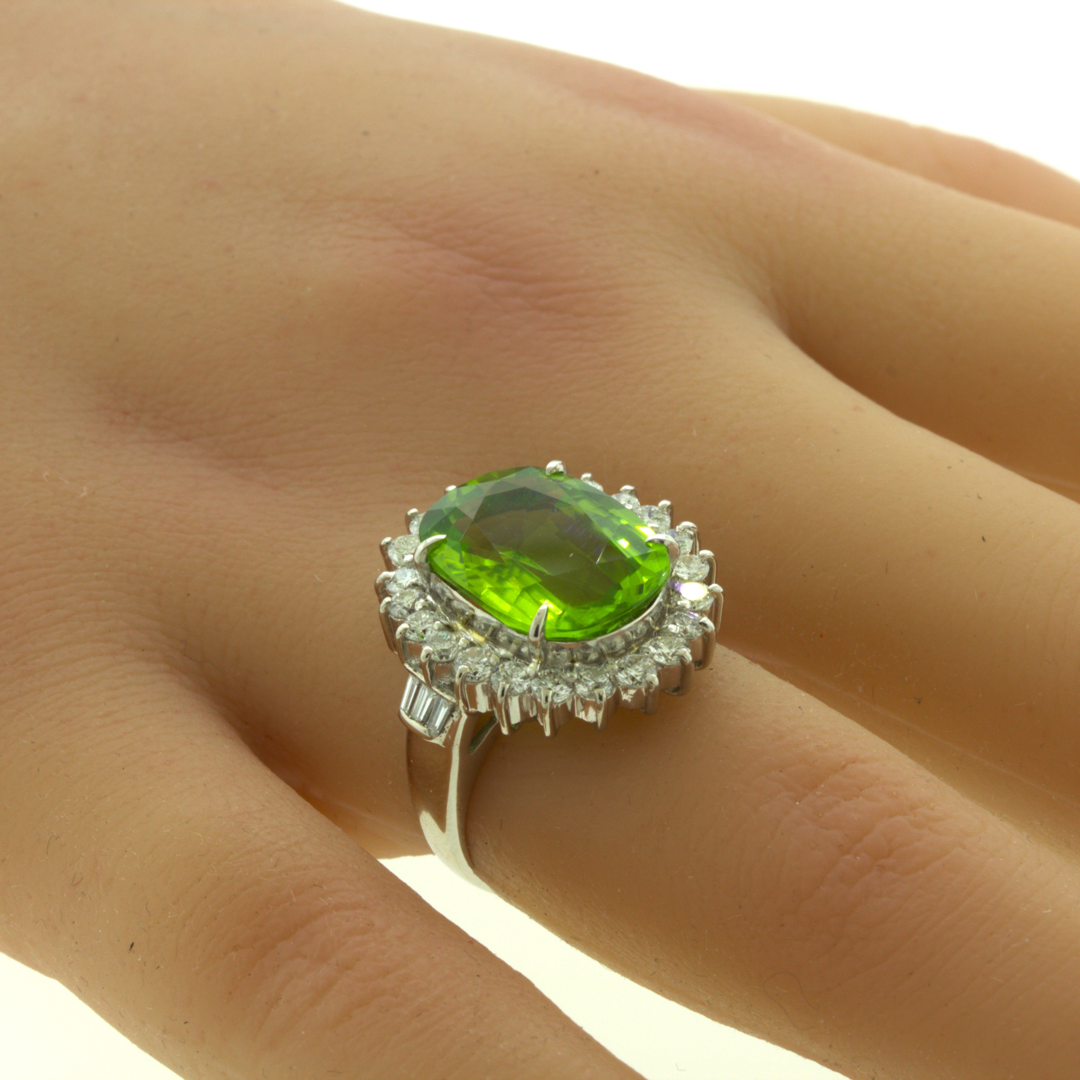 7.92 Carat Peridot Diamond Halo Platinum Ring