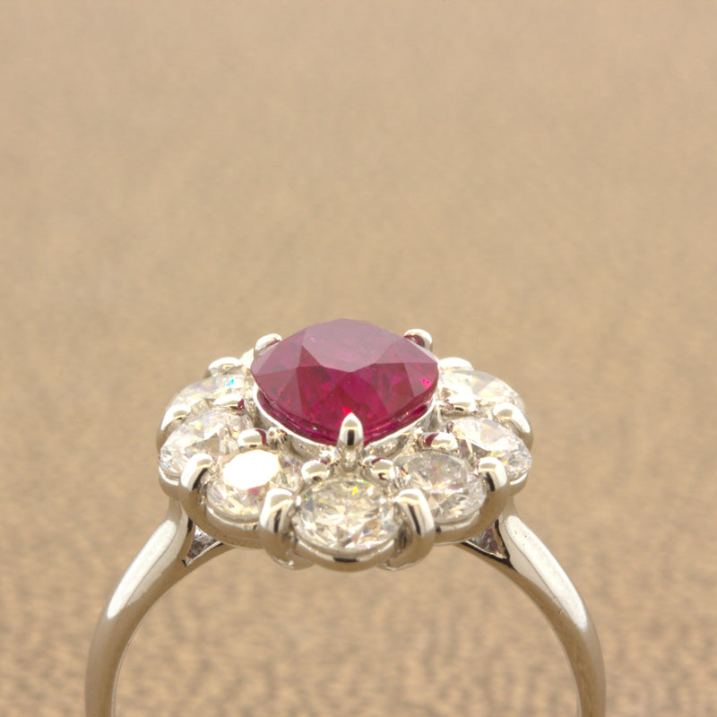 Superb 1.79 Carat Burmese Ruby Diamond Platinum Ring, GIA Certified