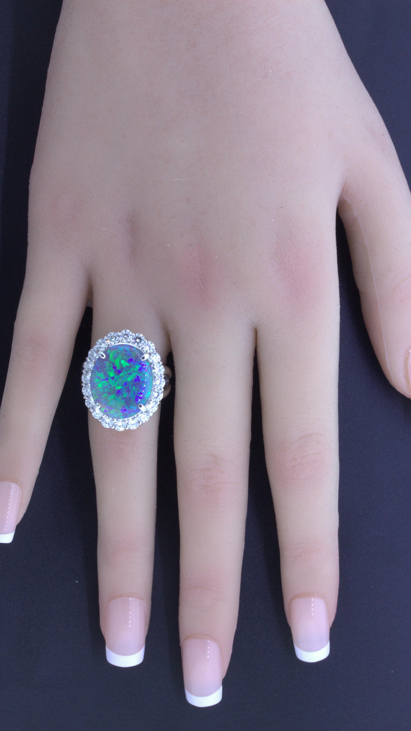 10.18 Carat Australian Black Opal Diamond Halo Platinum Ring
