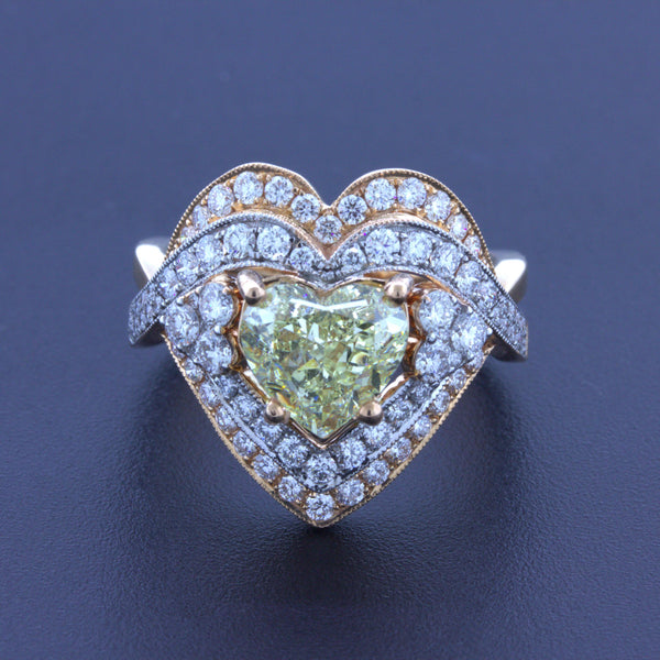2.05 Carat Fancy Light Yellow Heart-Shape Diamond 18K Rose Gold Ring, GIA Certif