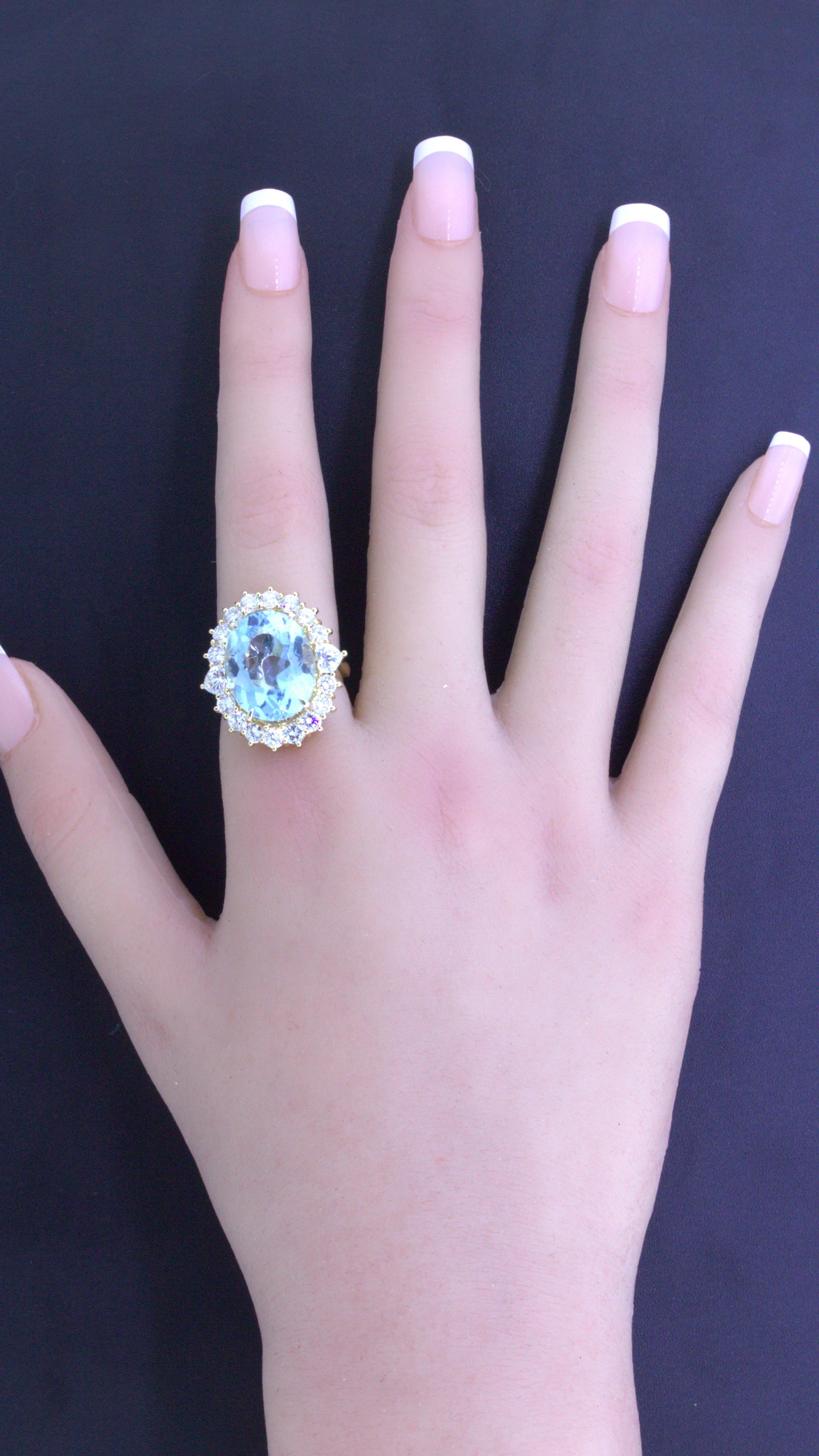 10.60 Carat Aquamarine Diamond Halo 18K Yellow Gold Cocktail Ring