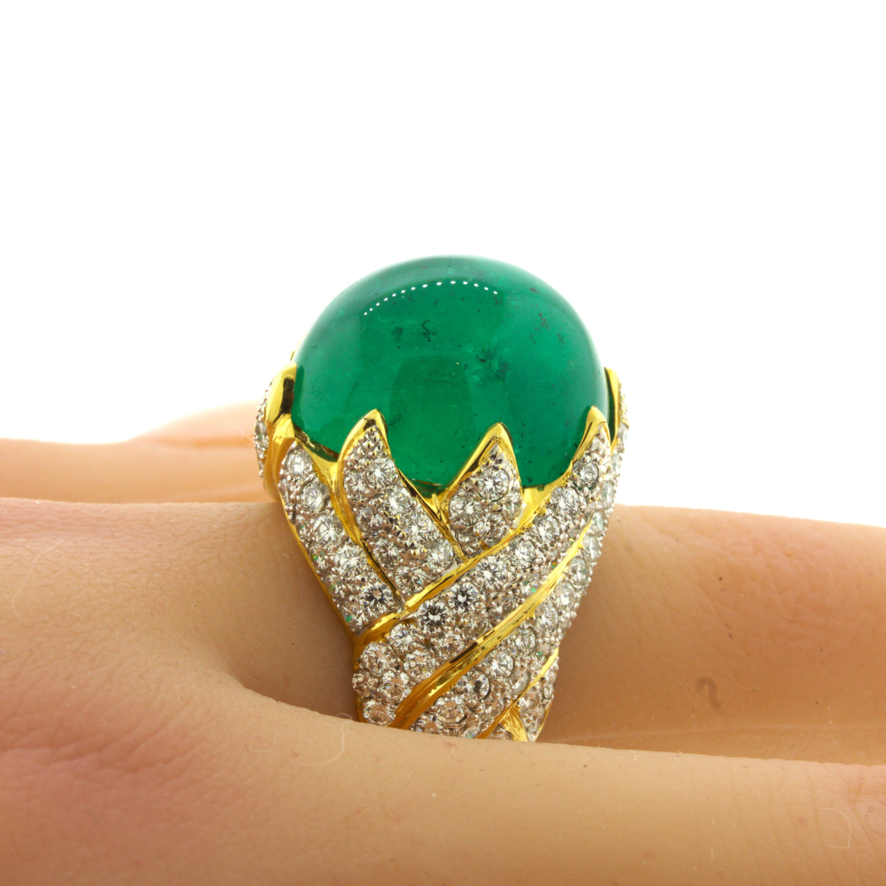 26.67 Carat Colombian Emerald Diamond 18K Yellow Gold Cocktail Ring, AGL Cert.