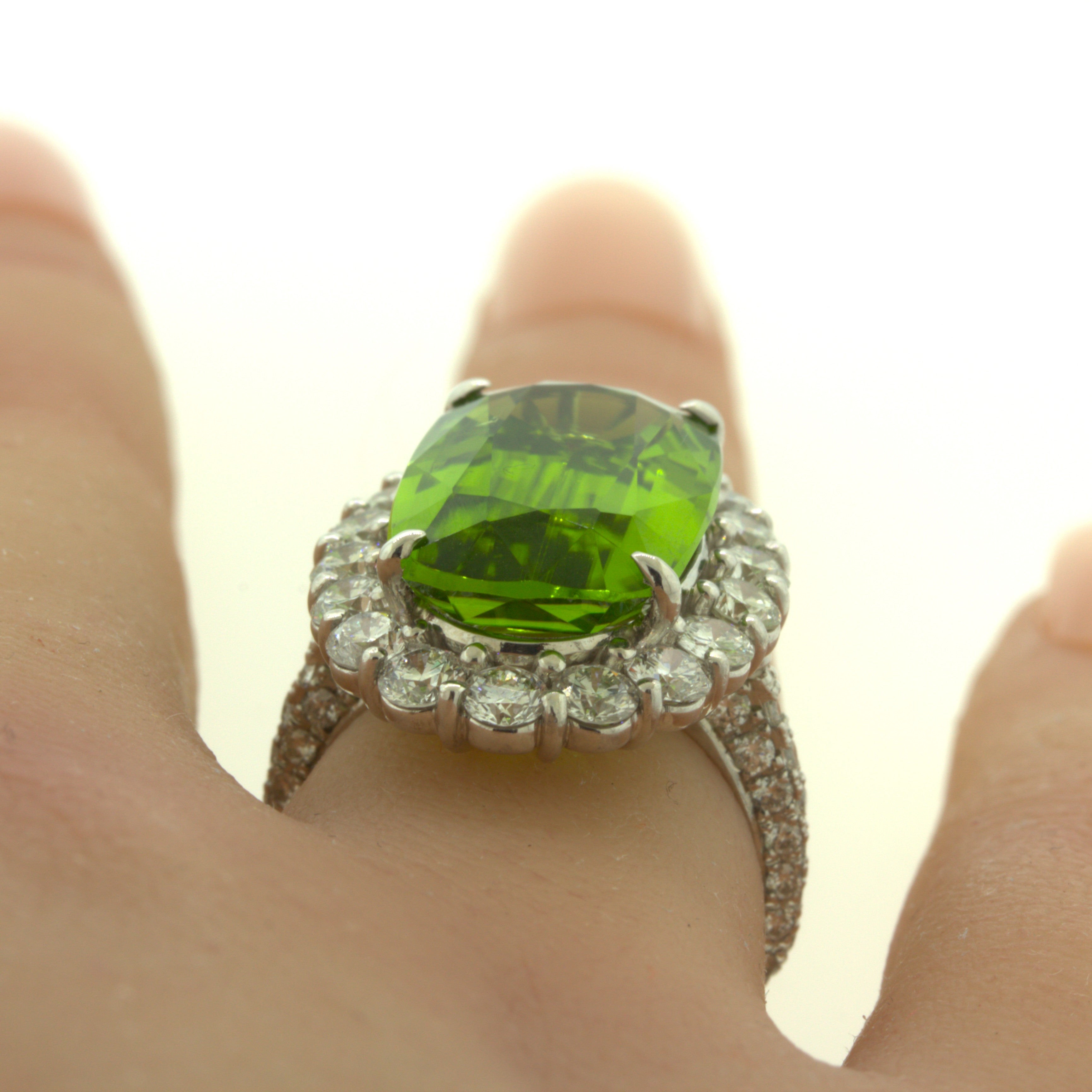 11.52 Carat Peridot Diamond Halo Platinum Ring