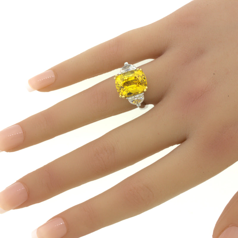 12.35 Carat Fancy Yellow Sapphire Diamond 18K White Gold 3-Stone Ring