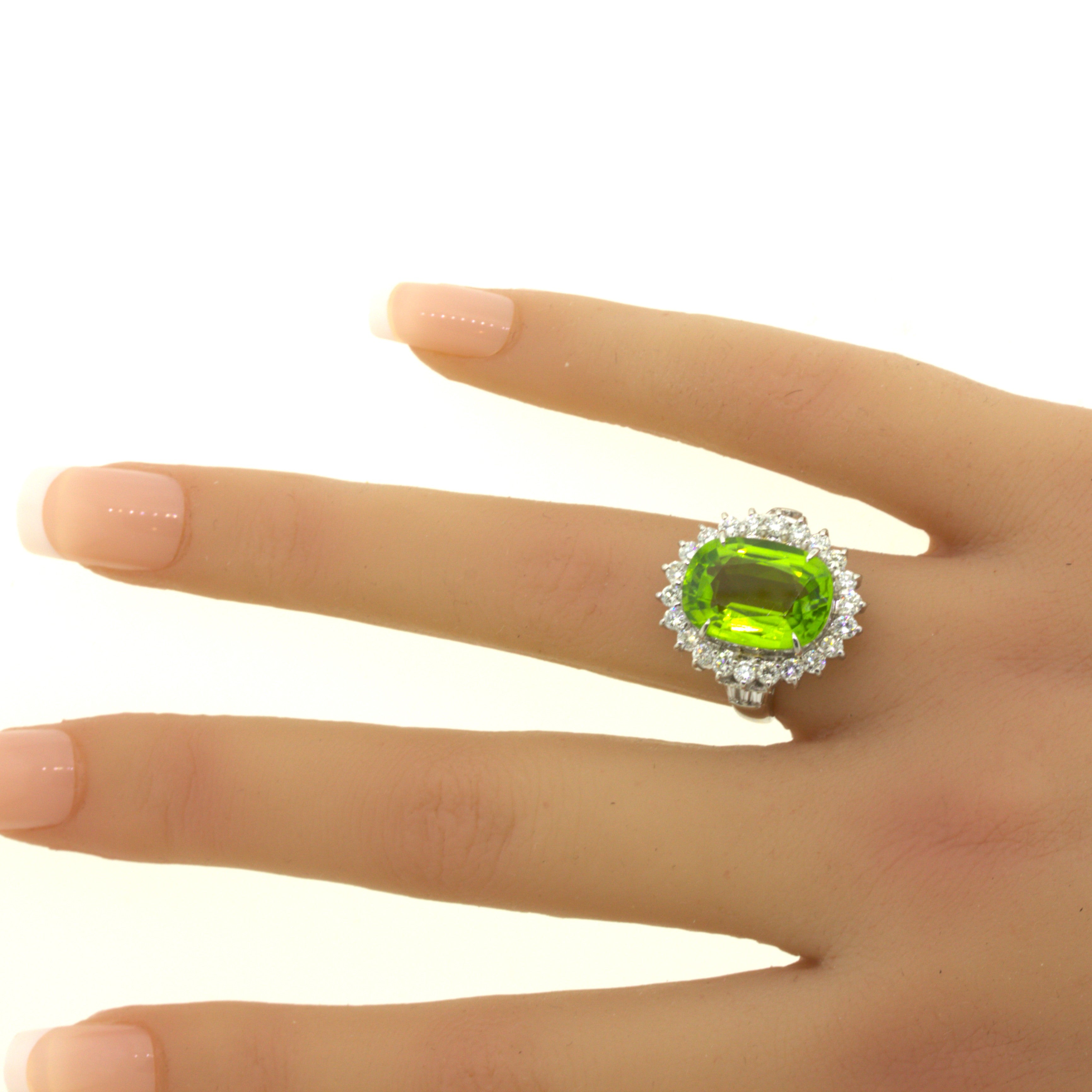 7.92 Carat Peridot Diamond Halo Platinum Ring