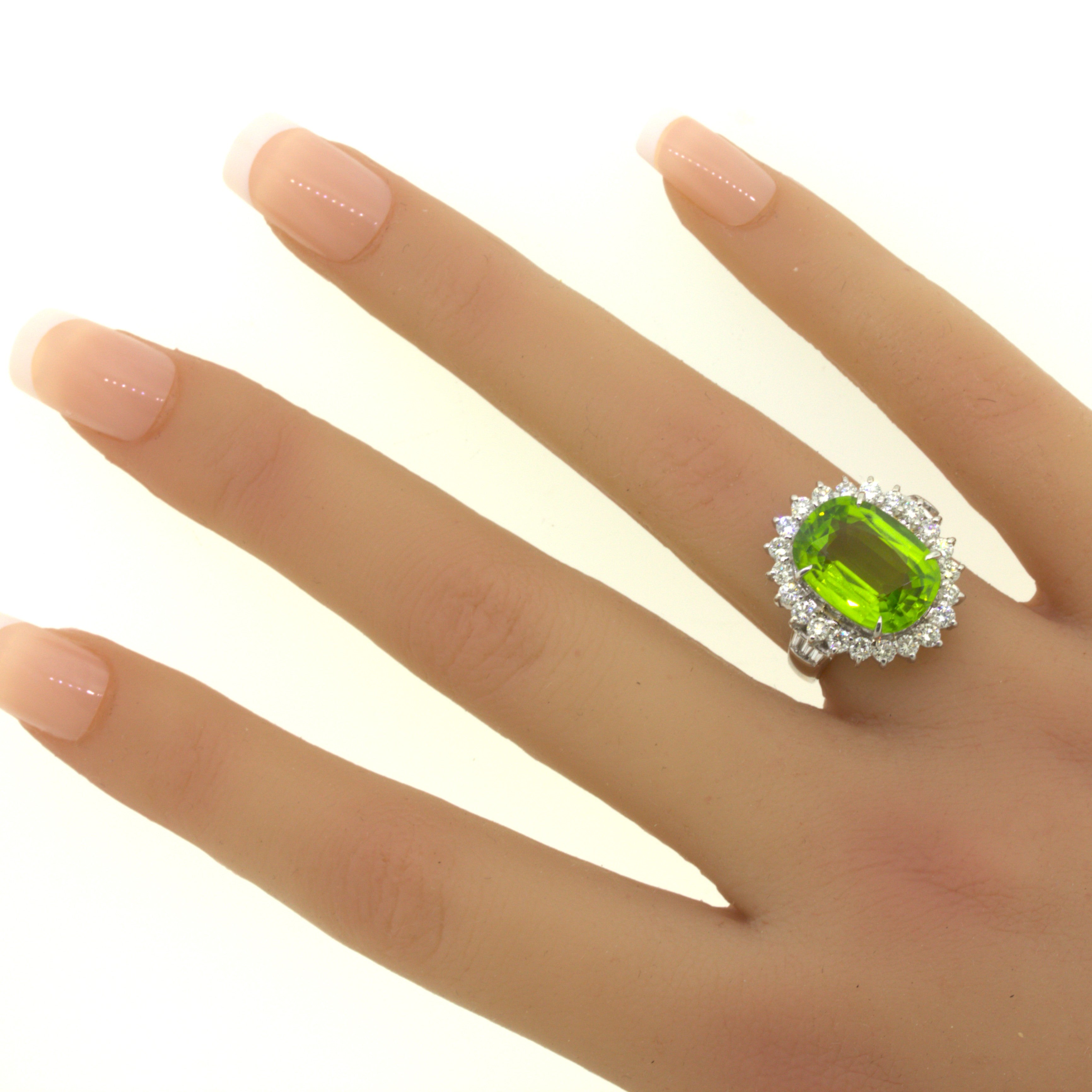 7.92 Carat Peridot Diamond Halo Platinum Ring