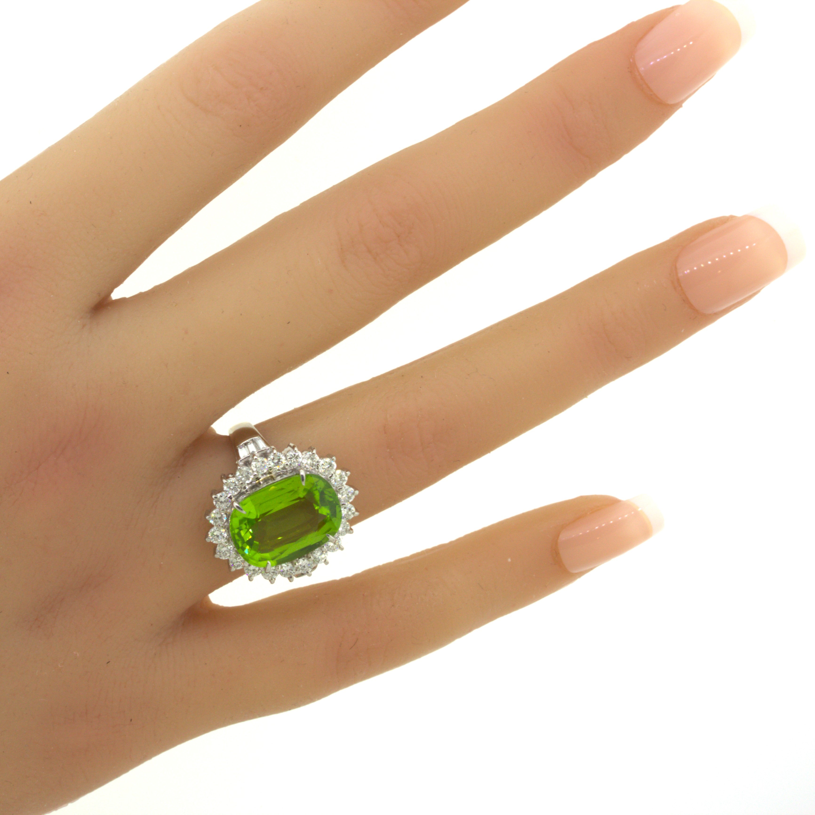 7.92 Carat Peridot Diamond Halo Platinum Ring