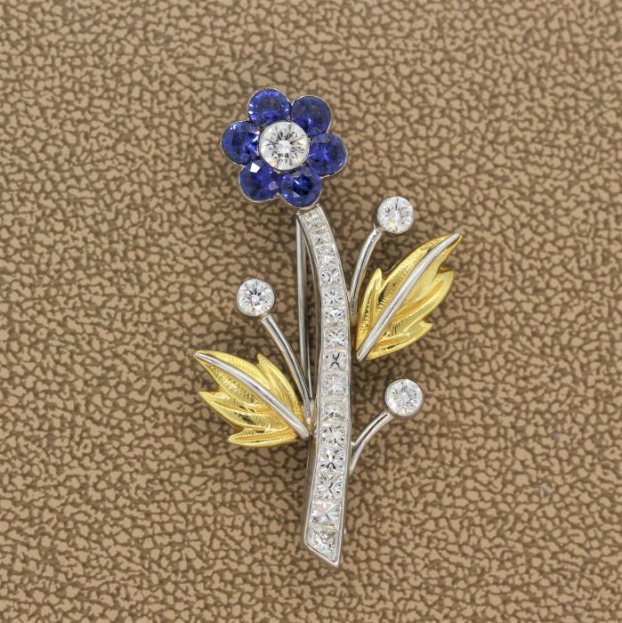 Sapphire Diamond Platinum Gold Flower Brooch