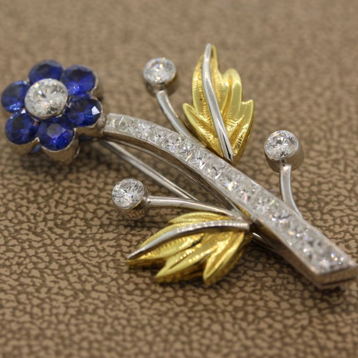 Sapphire Diamond Platinum Gold Flower Brooch