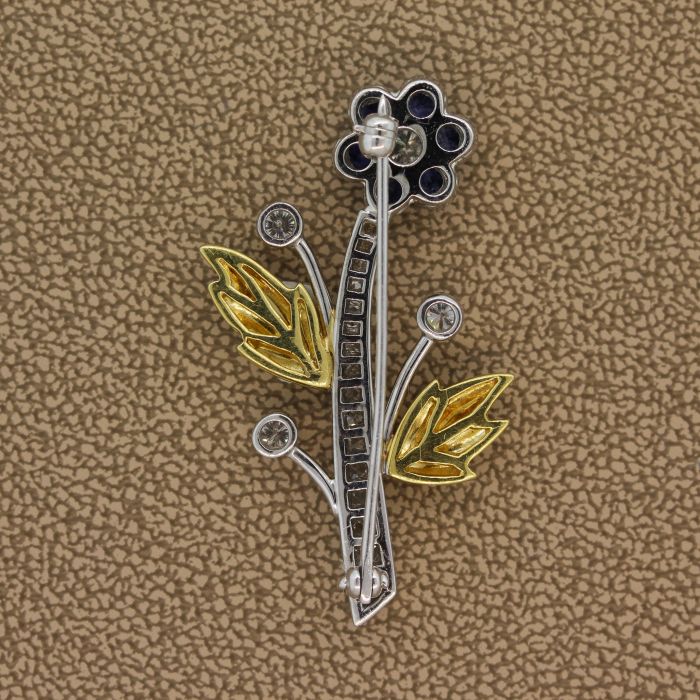 Sapphire Diamond Platinum Gold Flower Brooch
