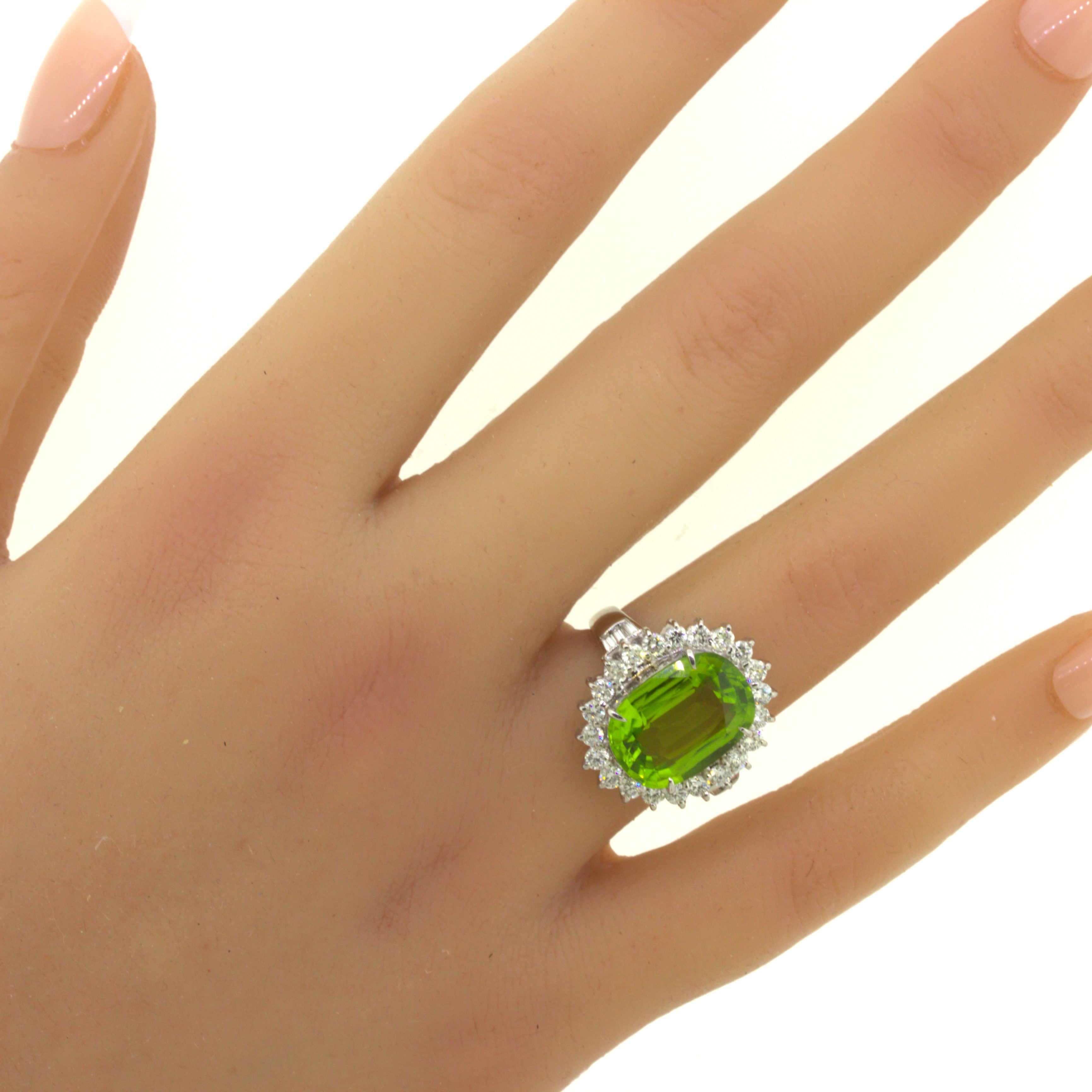 7.92 Carat Peridot Diamond Halo Platinum Ring