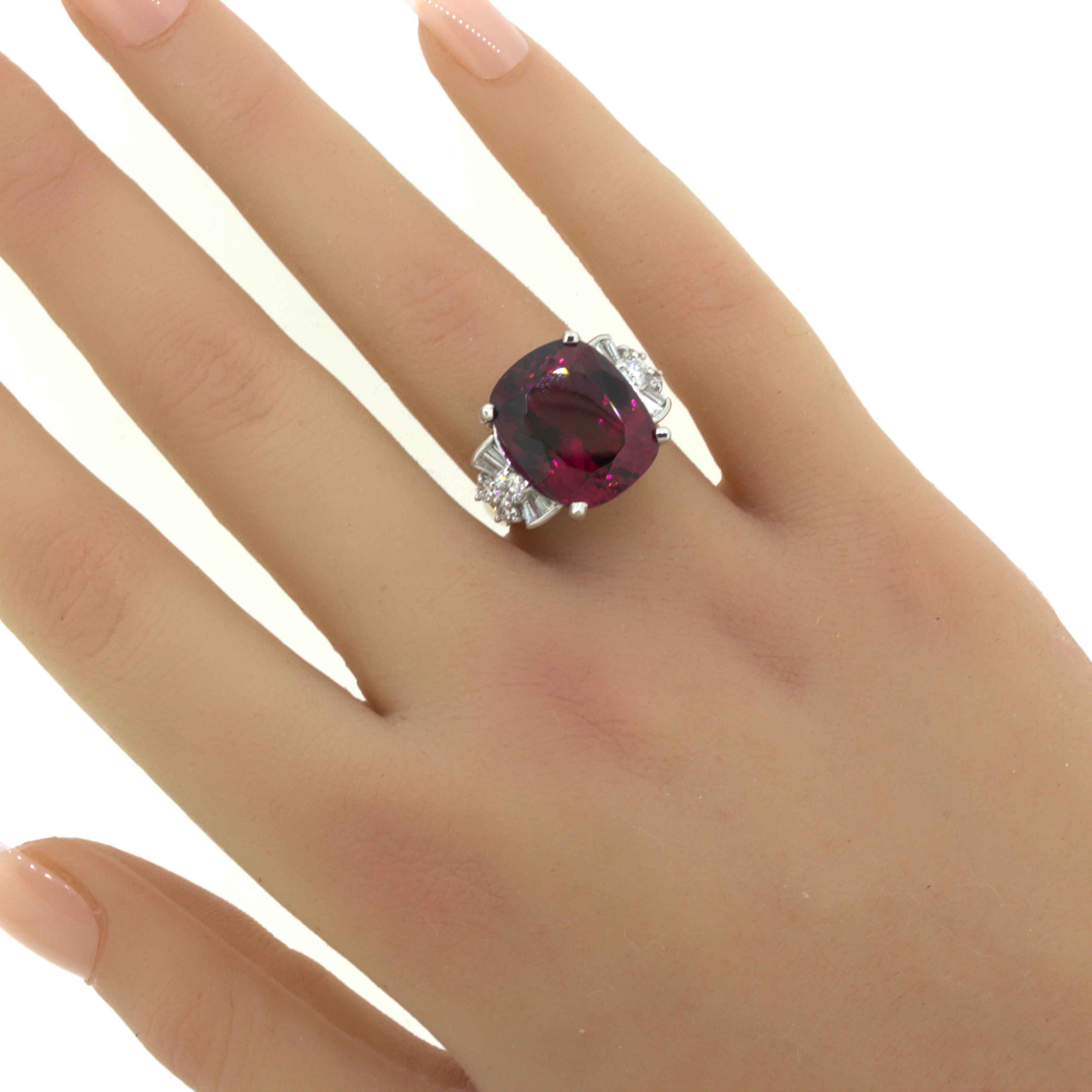 15.64 Carat Rhodolite Garnet Diamond Platinum Ring