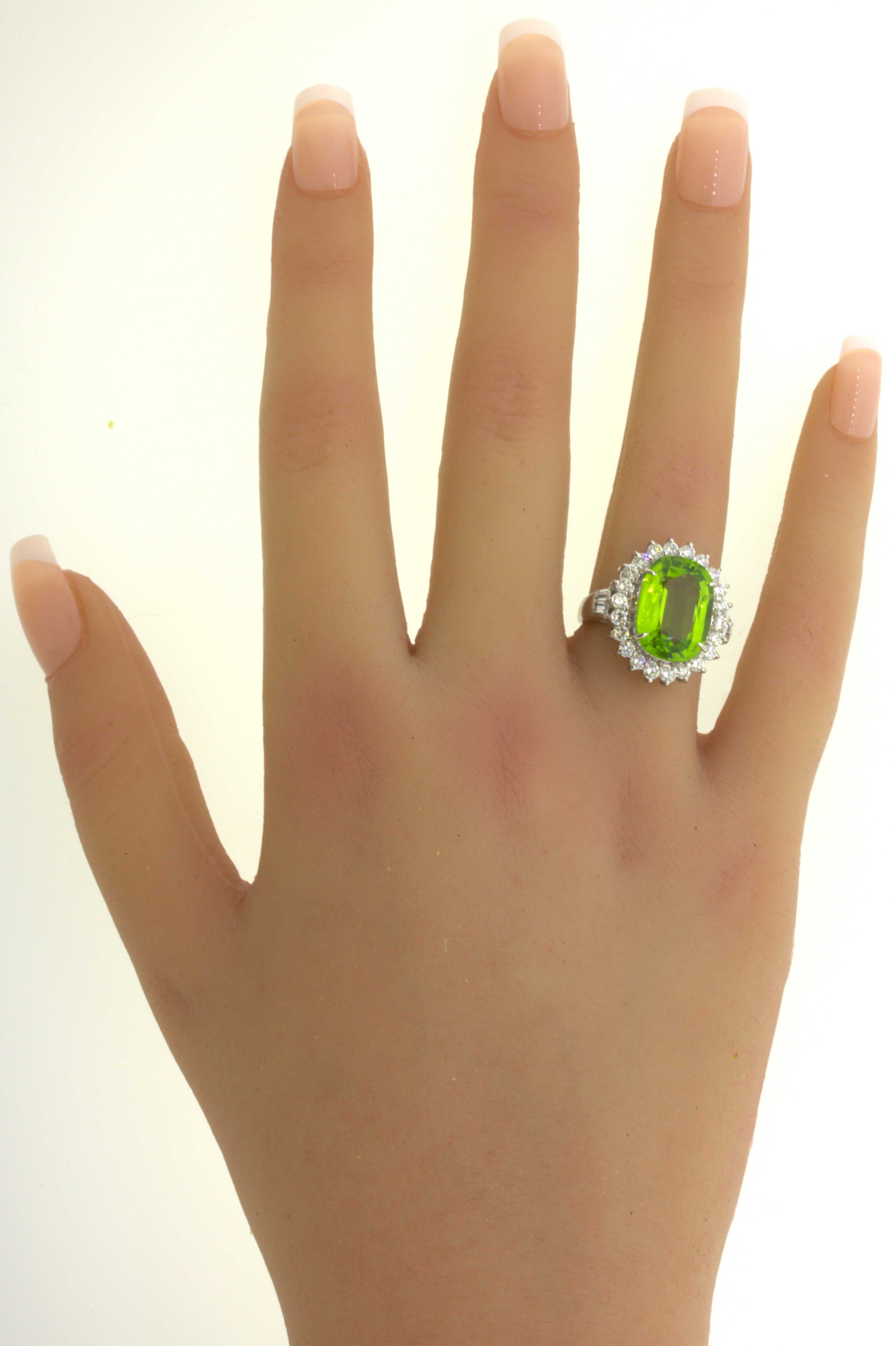 7.92 Carat Peridot Diamond Halo Platinum Ring