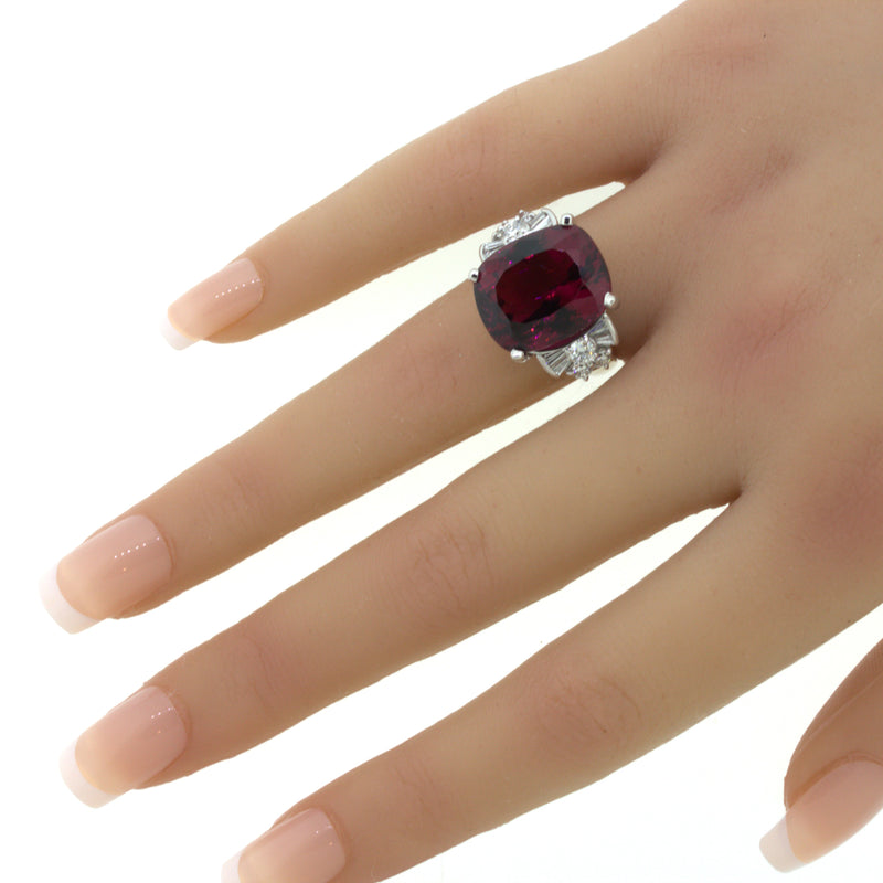 15.64 Carat Rhodolite Garnet Diamond Platinum Ring