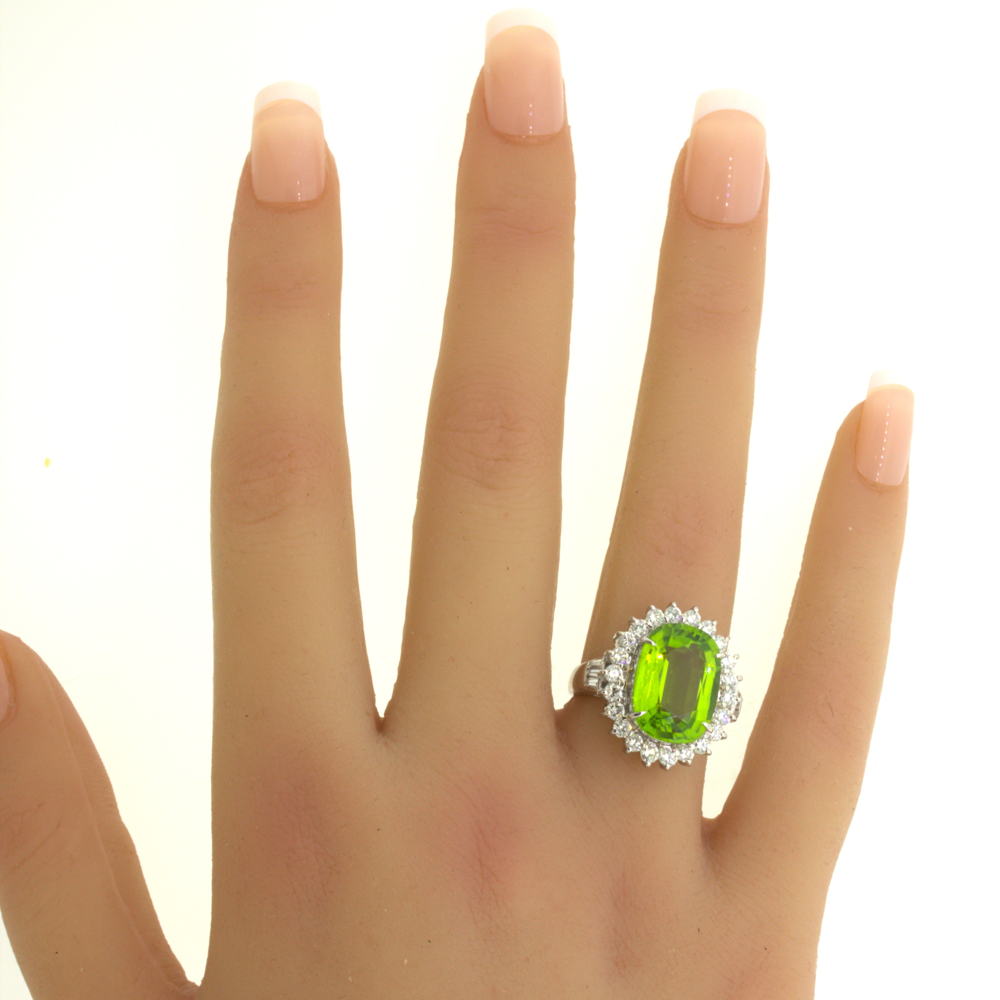 7.92 Carat Peridot Diamond Halo Platinum Ring