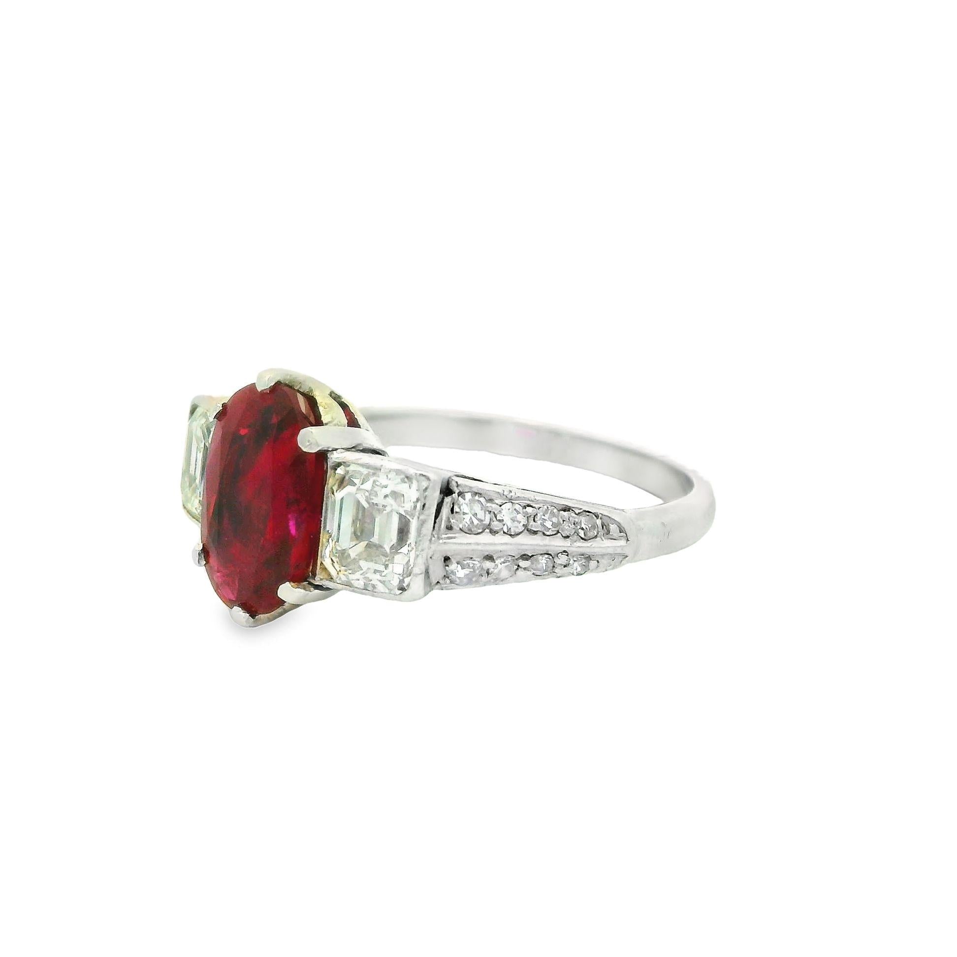 Art Deco No-Heat Burmese Ruby Diamond Platinum Ring, GIA Certified