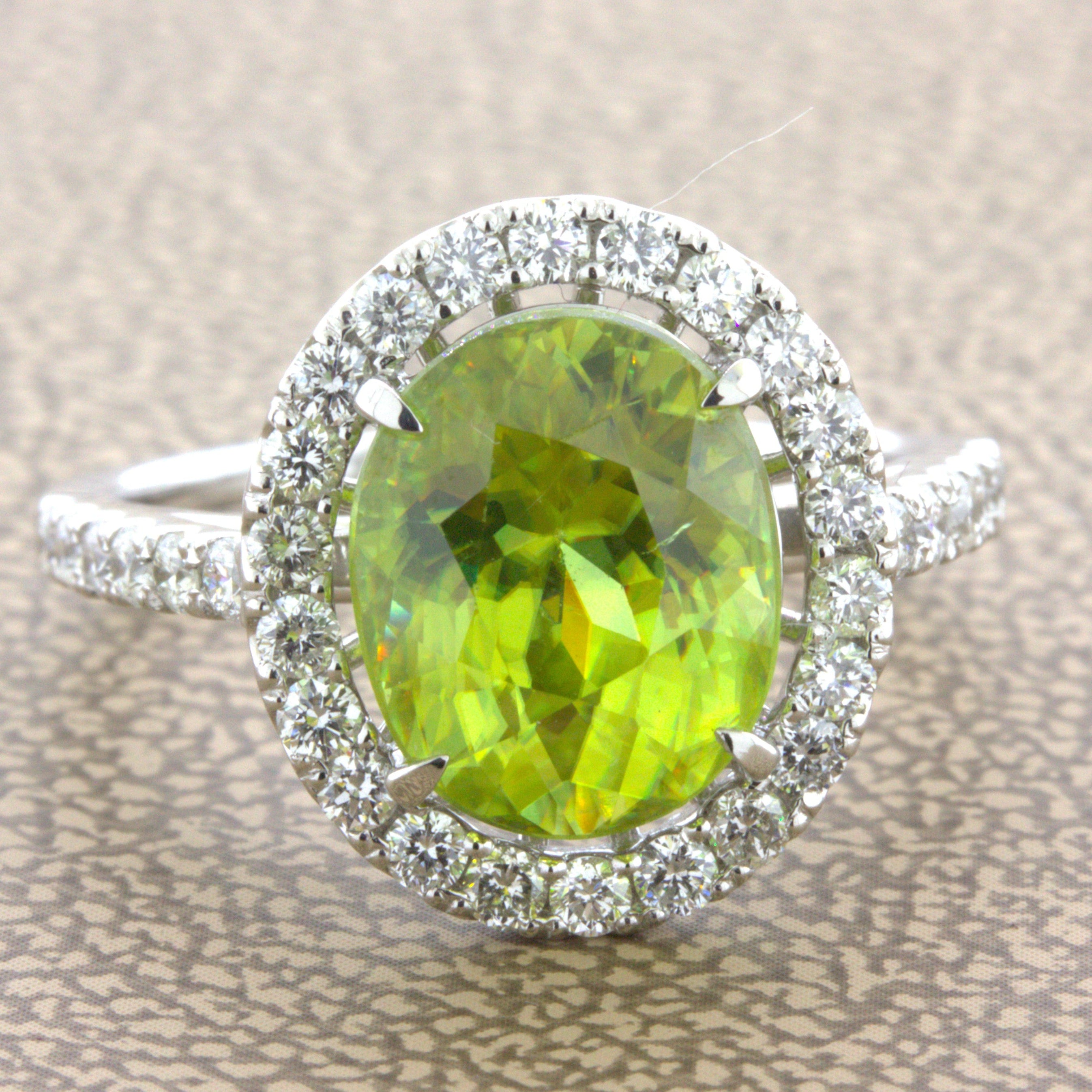 Sphene Diamond Halo Platinum Ring