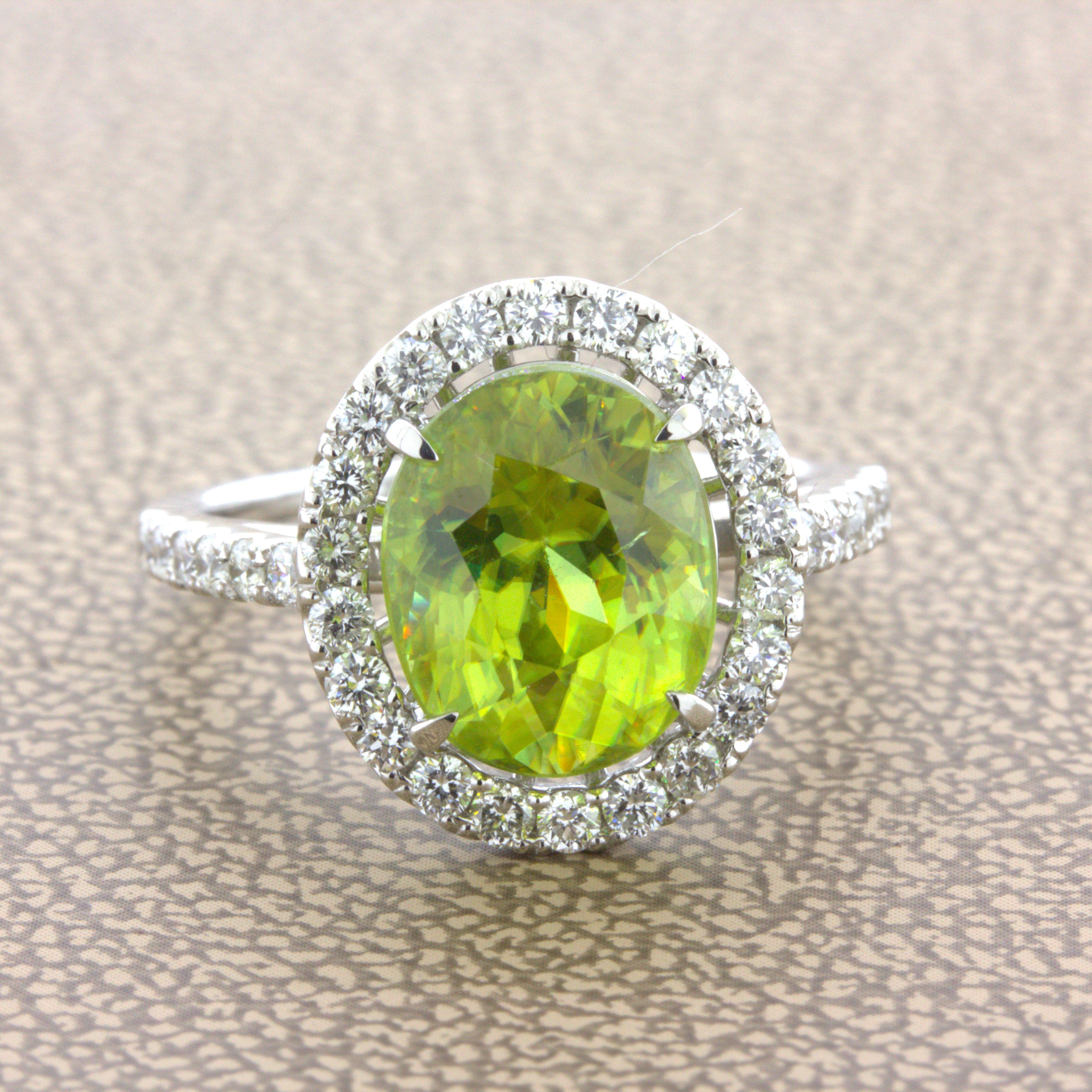 Sphene Diamond Halo Platinum Ring