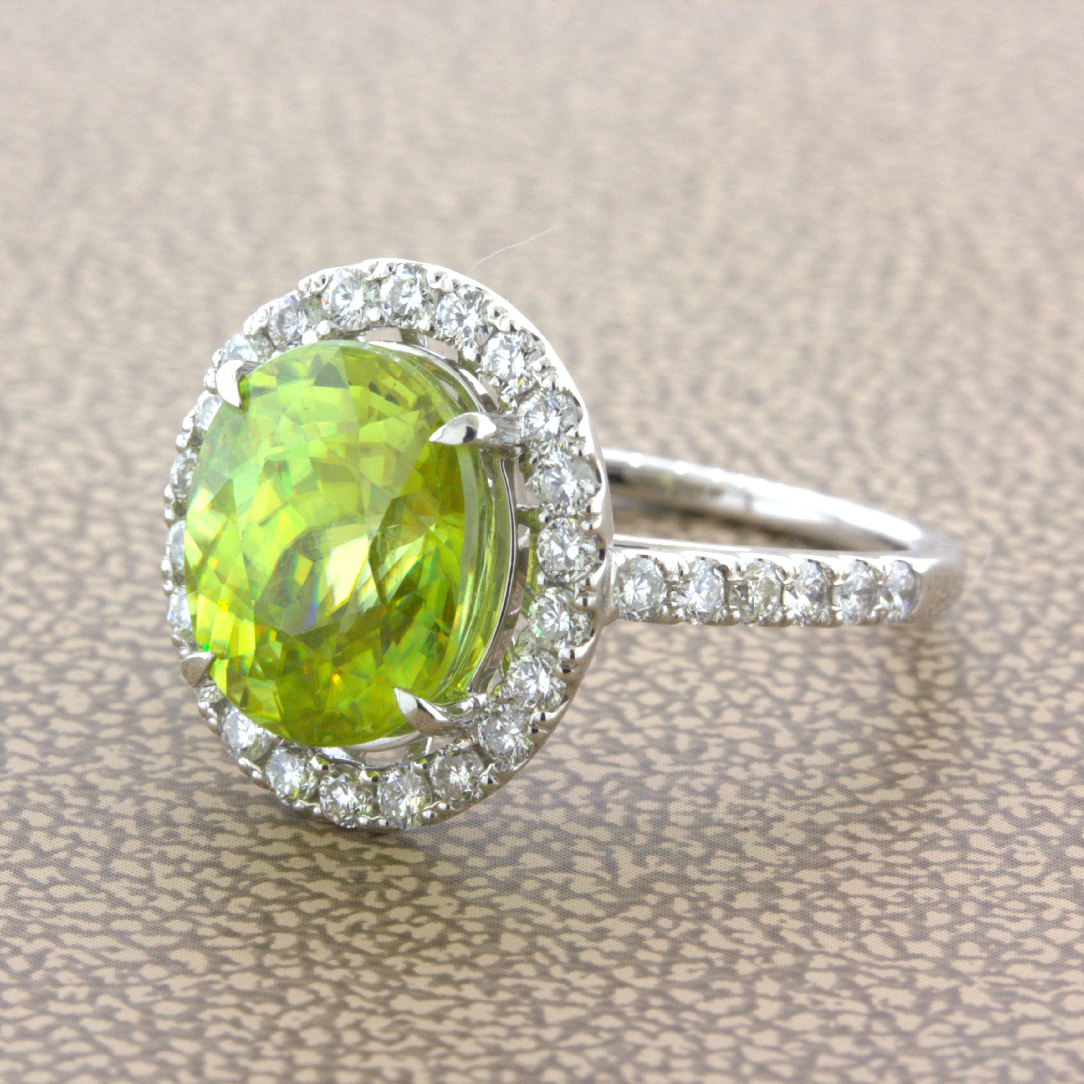 Sphene Diamond Halo Platinum Ring