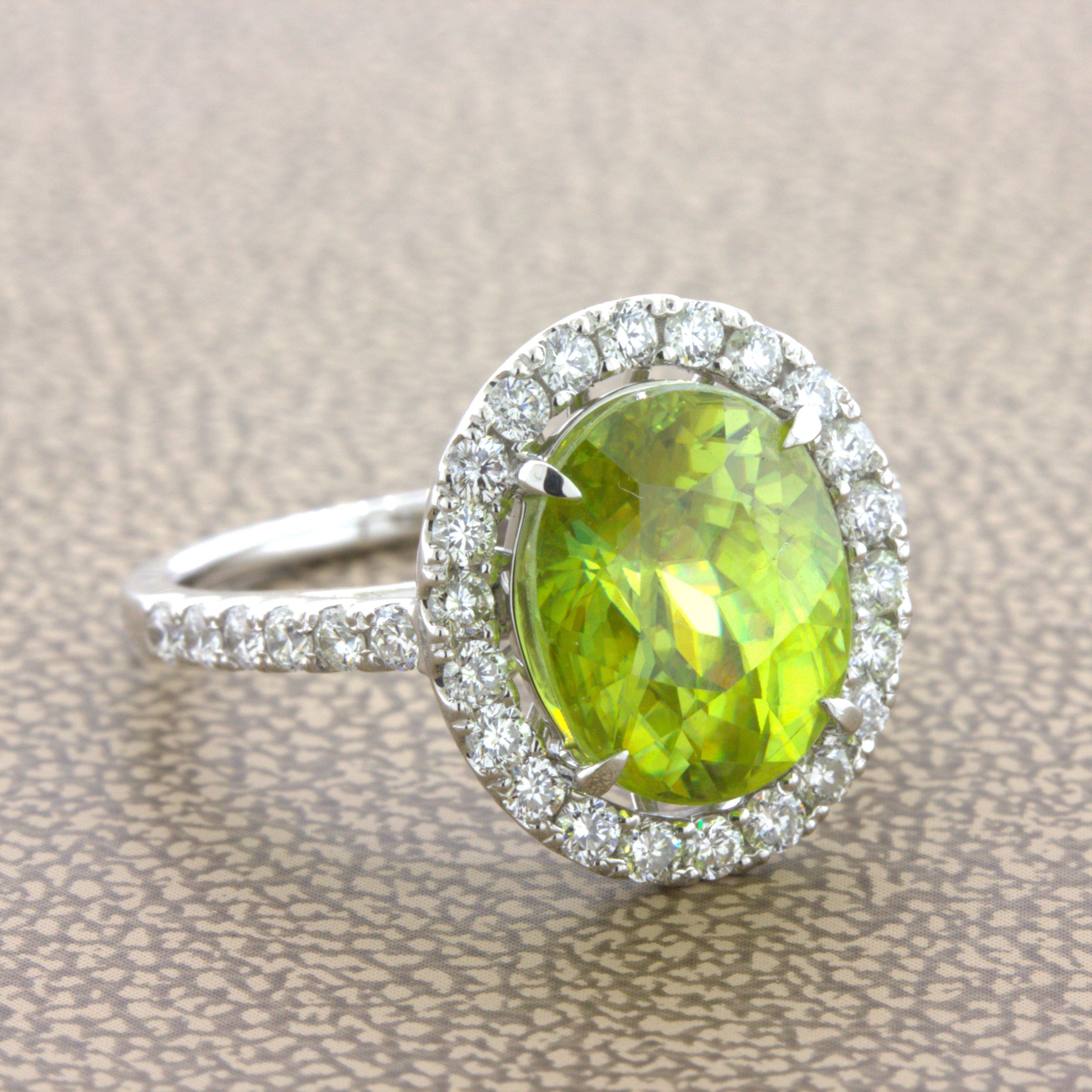 Sphene Diamond Halo Platinum Ring