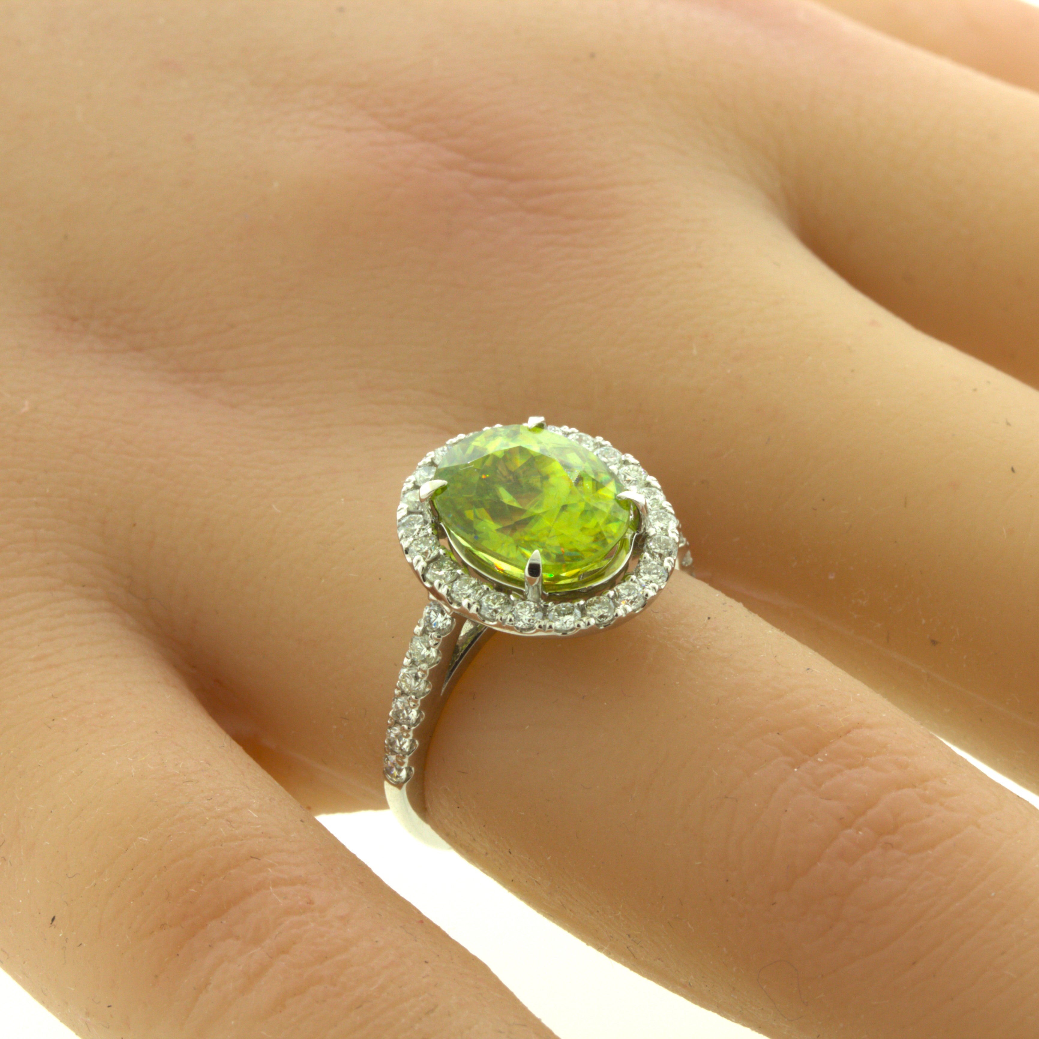 Sphene Diamond Halo Platinum Ring