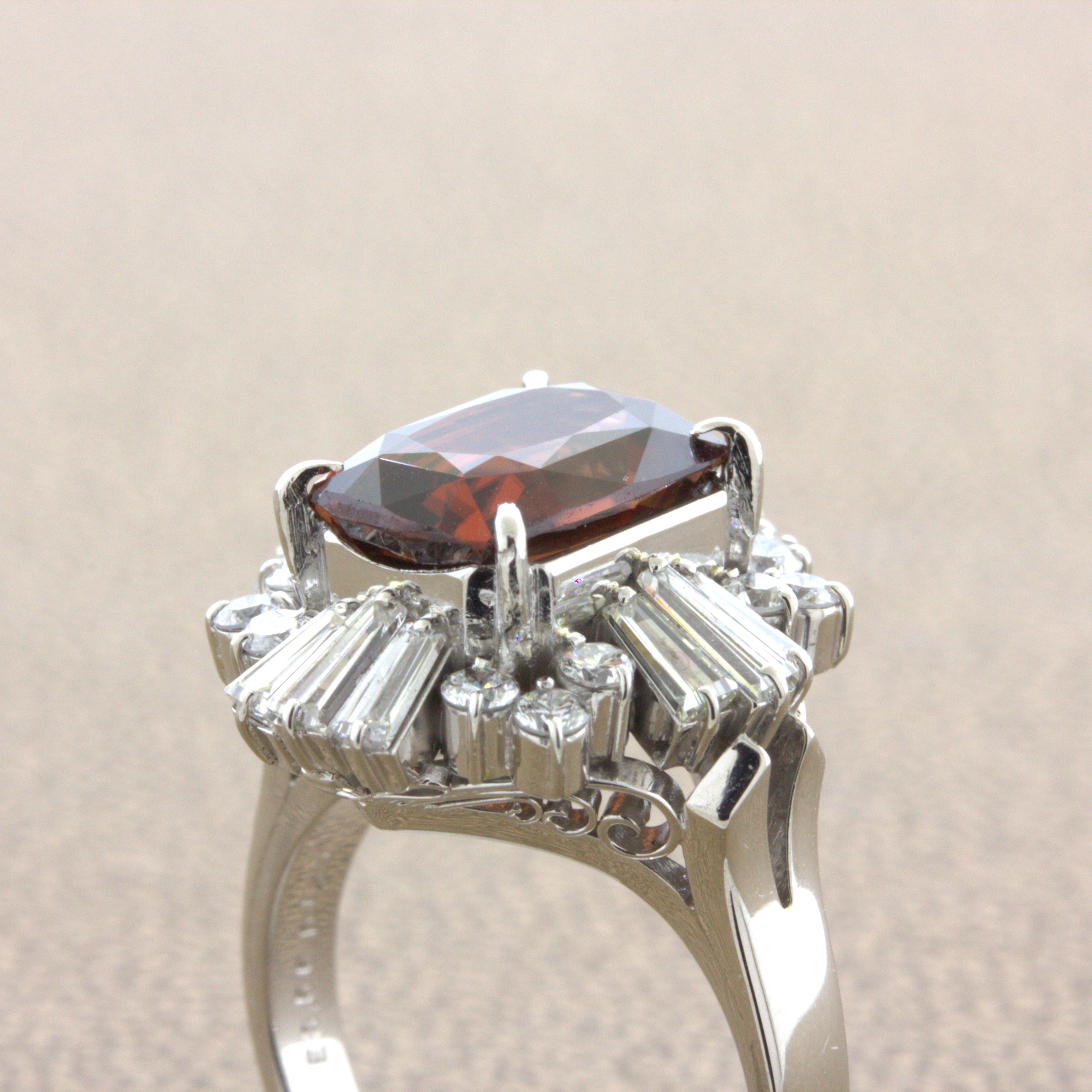 Orange Zircon Diamond Platinum Ring