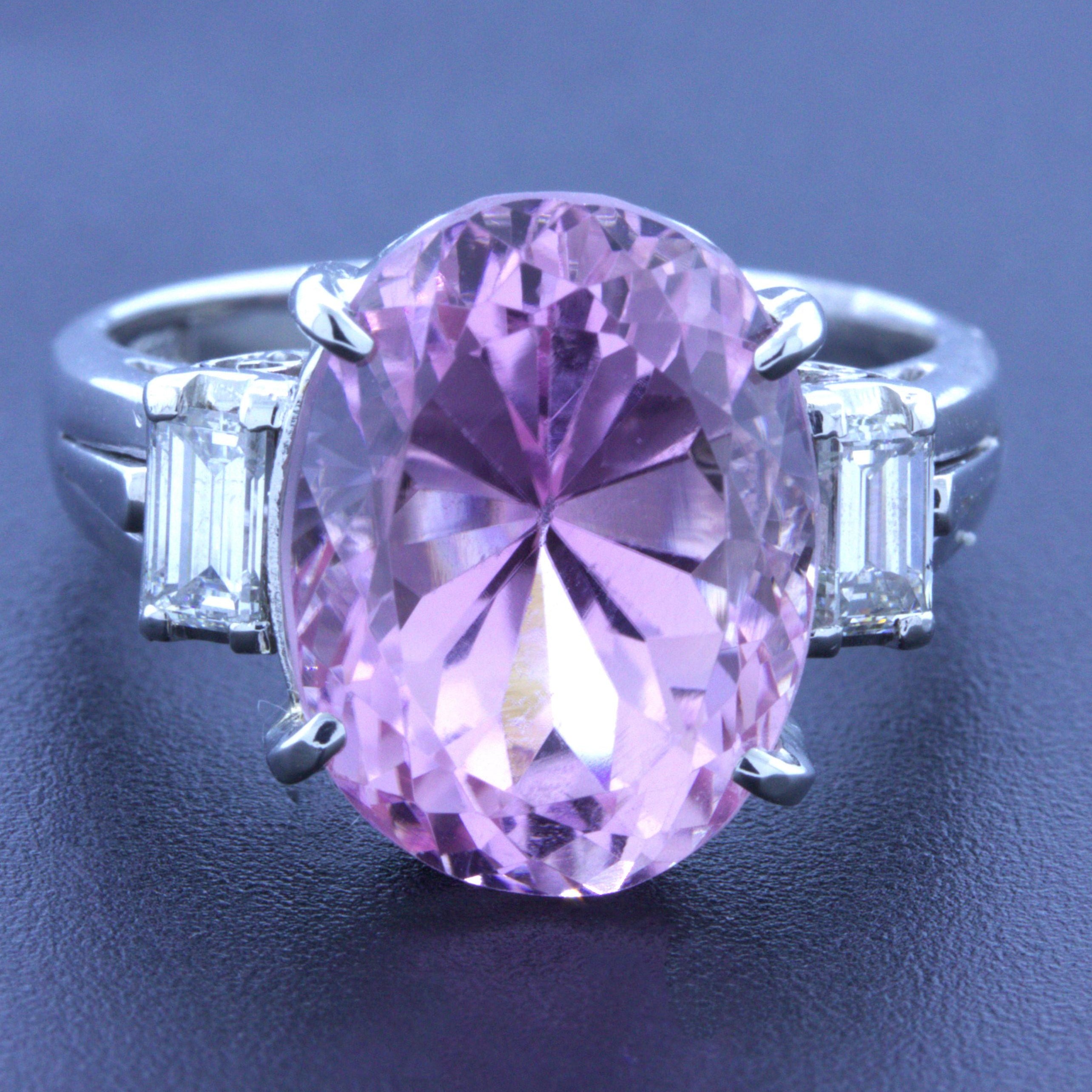 9.70 Carat Kunzite Diamond 3-Stone Platinum Ring
