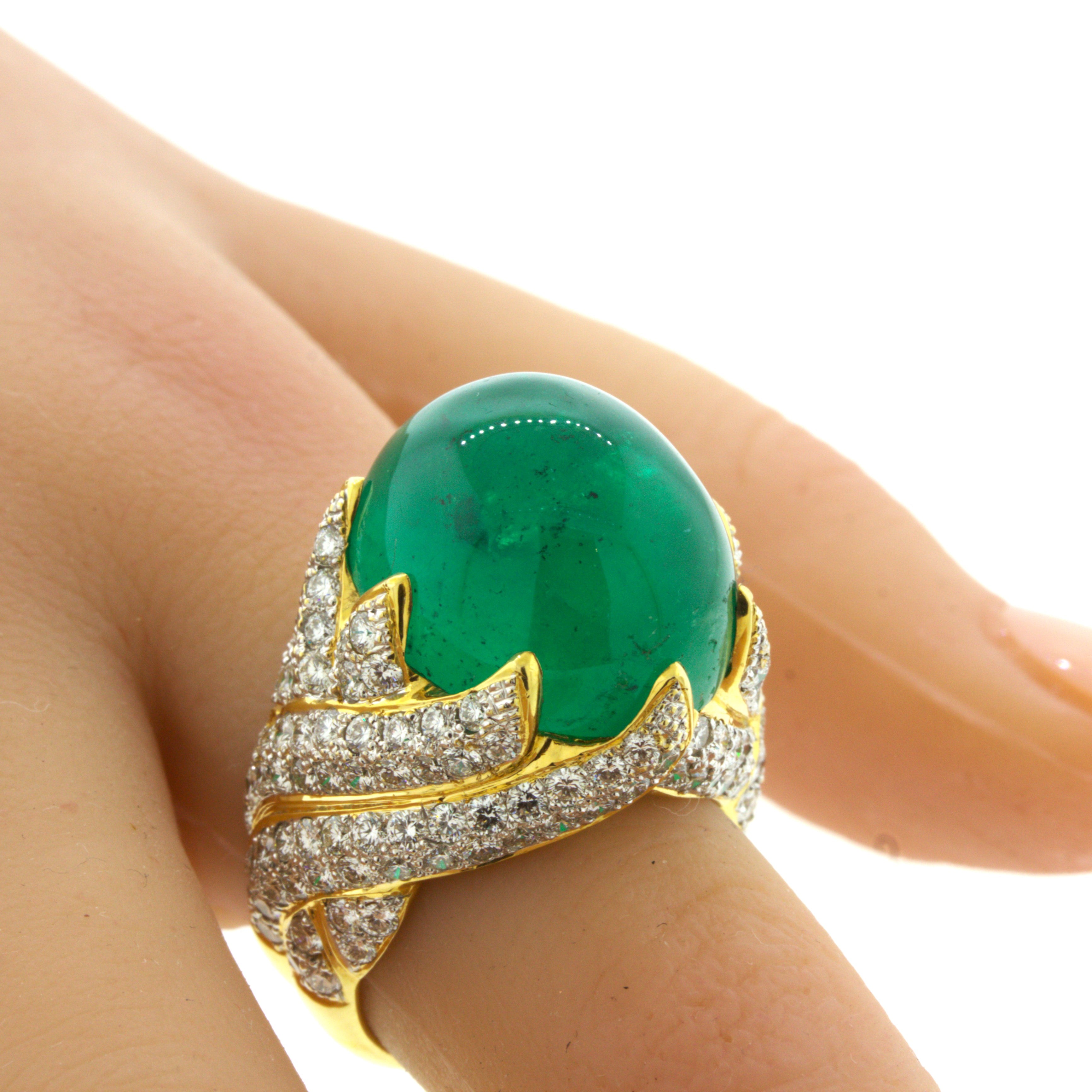 26.67 Carat Colombian Emerald Diamond 18K Yellow Gold Cocktail Ring, AGL Cert.