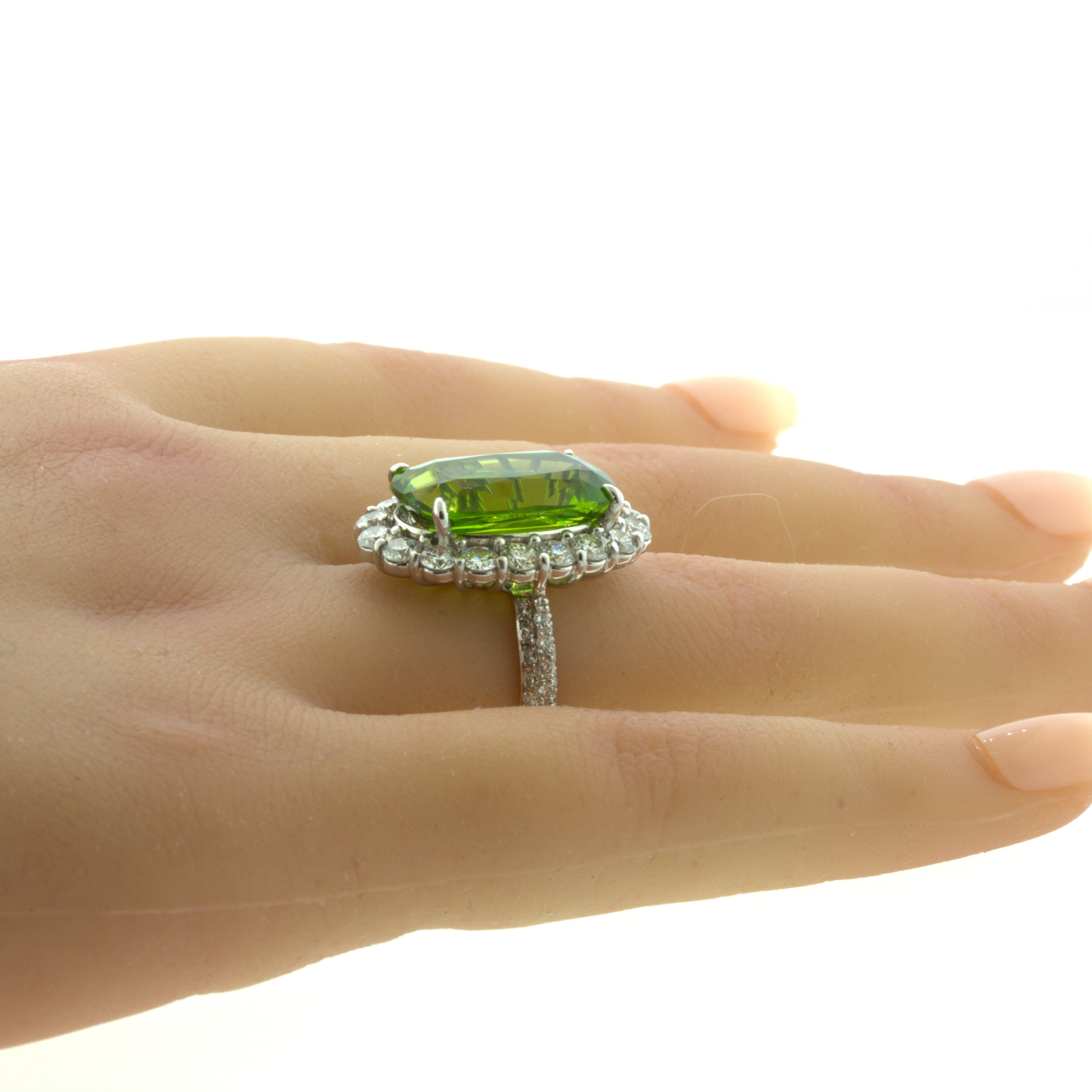 11.52 Carat Peridot Diamond Halo Platinum Ring