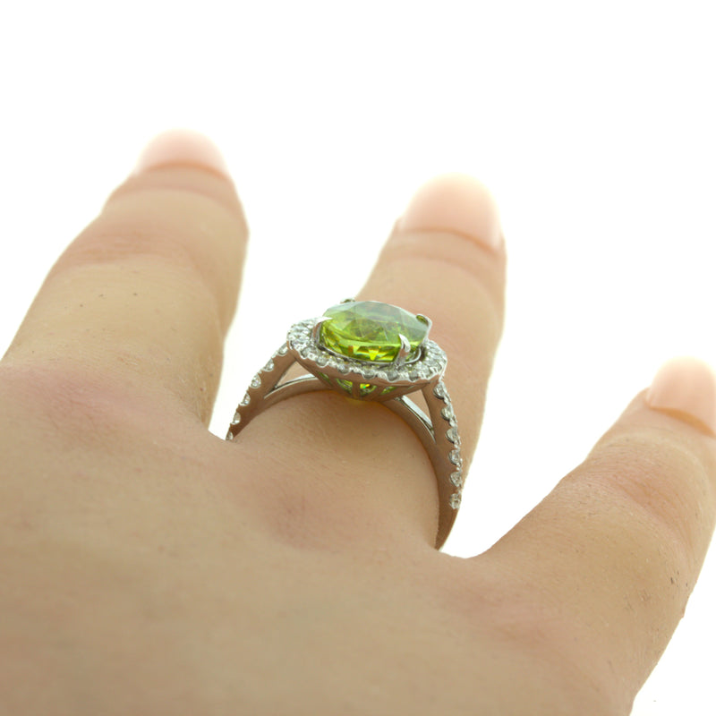 Sphene Diamond Halo Platinum Ring