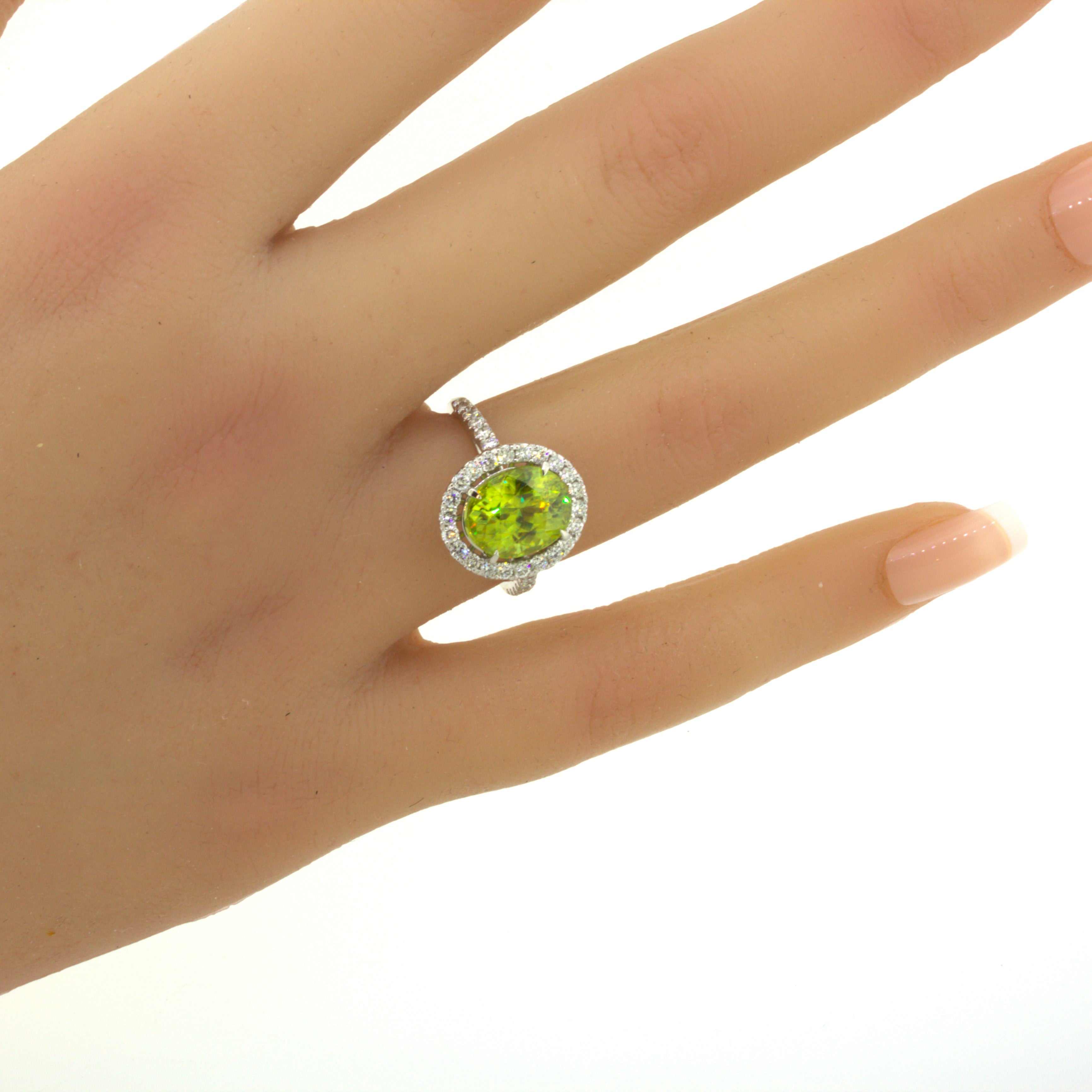 Sphene Diamond Halo Platinum Ring