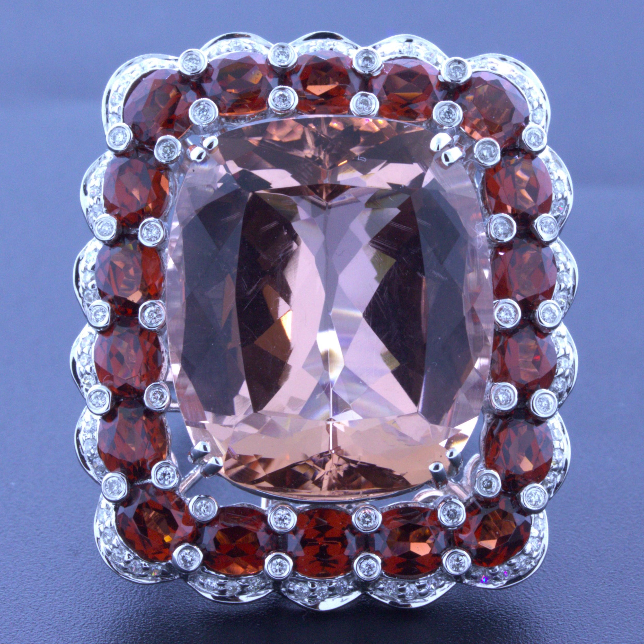 Massive 30.39 Carat Morganite Diamond Garnet 18k White Gold Cocktail Ring