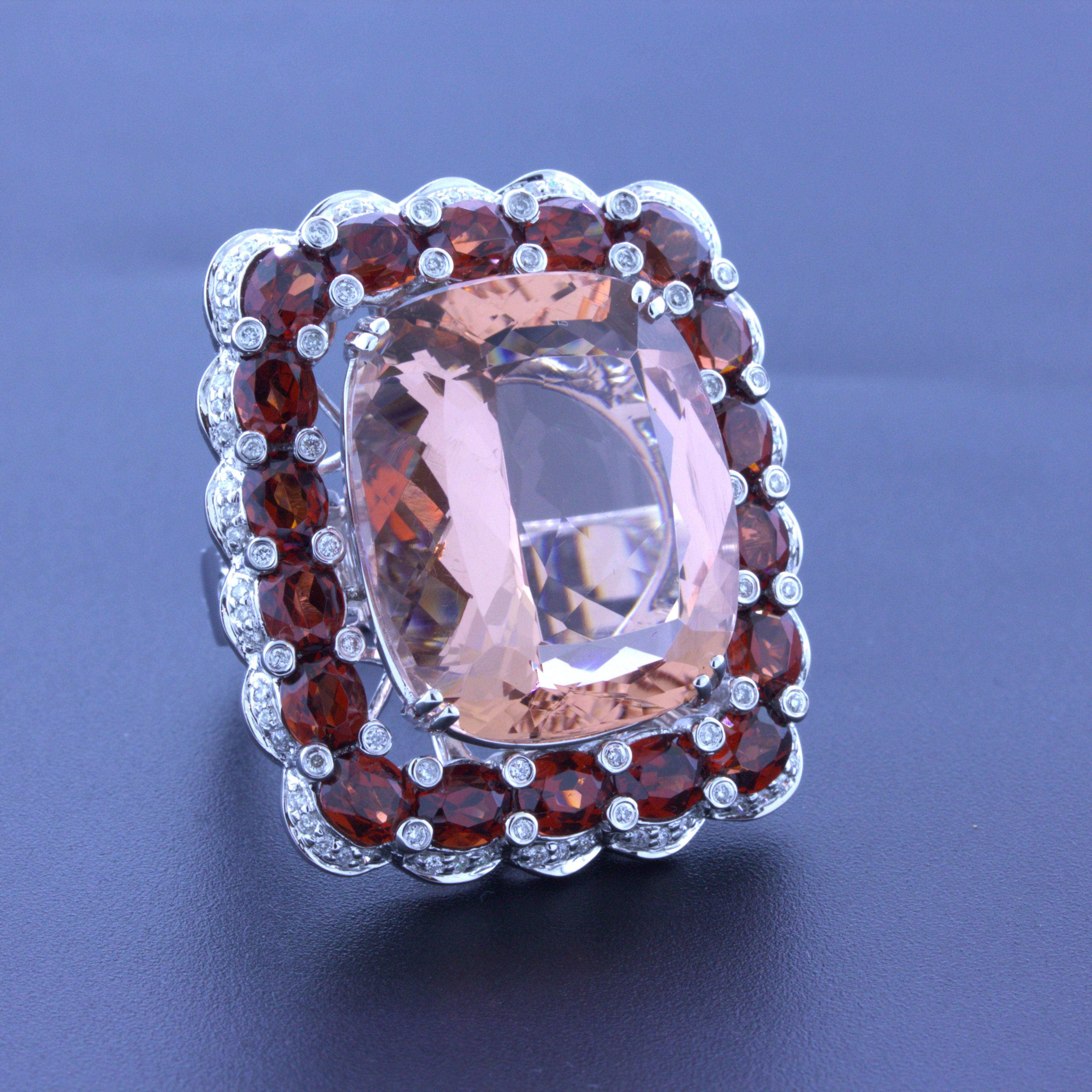 Massive 30.39 Carat Morganite Diamond Garnet 18k White Gold Cocktail Ring