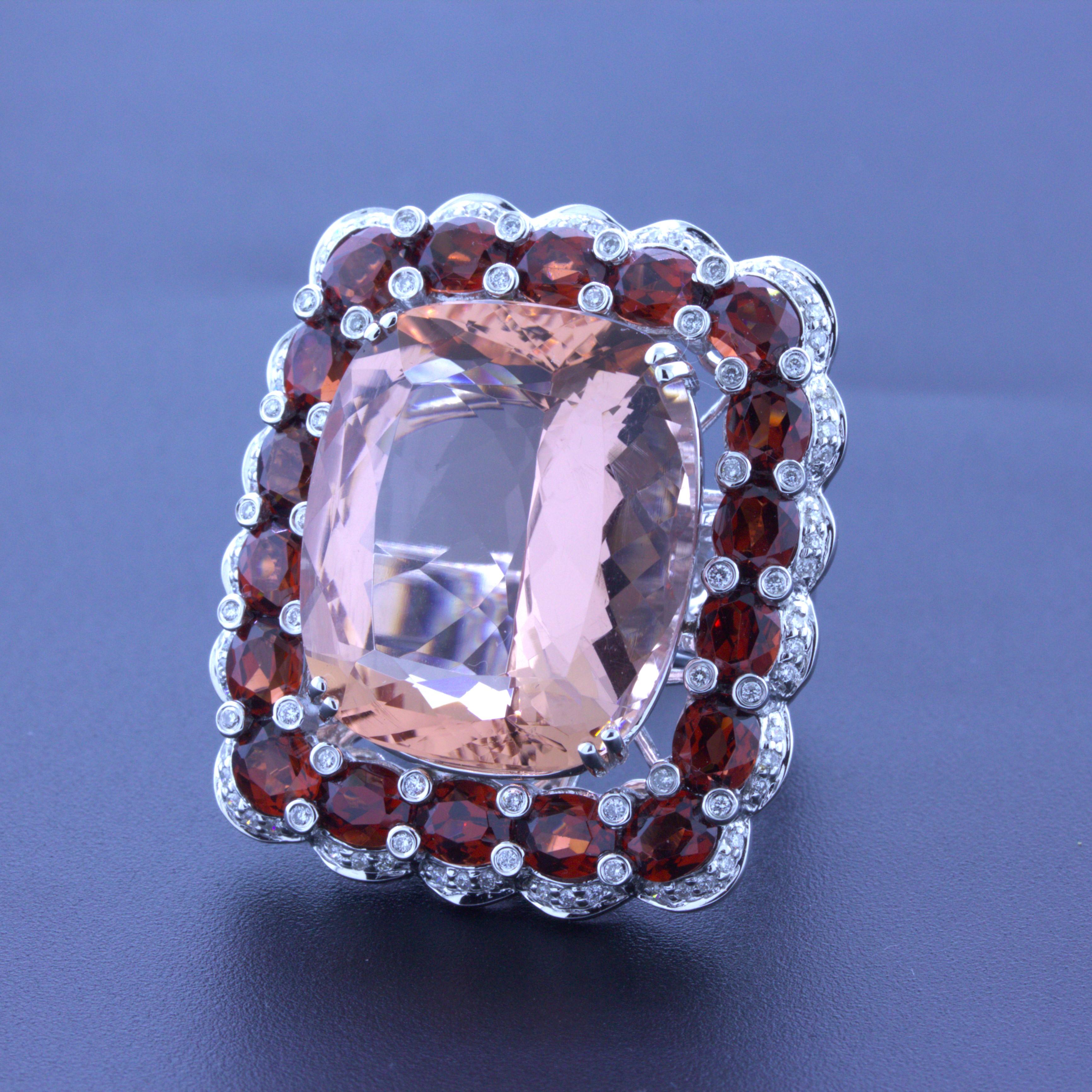 Massive 30.39 Carat Morganite Diamond Garnet 18k White Gold Cocktail Ring