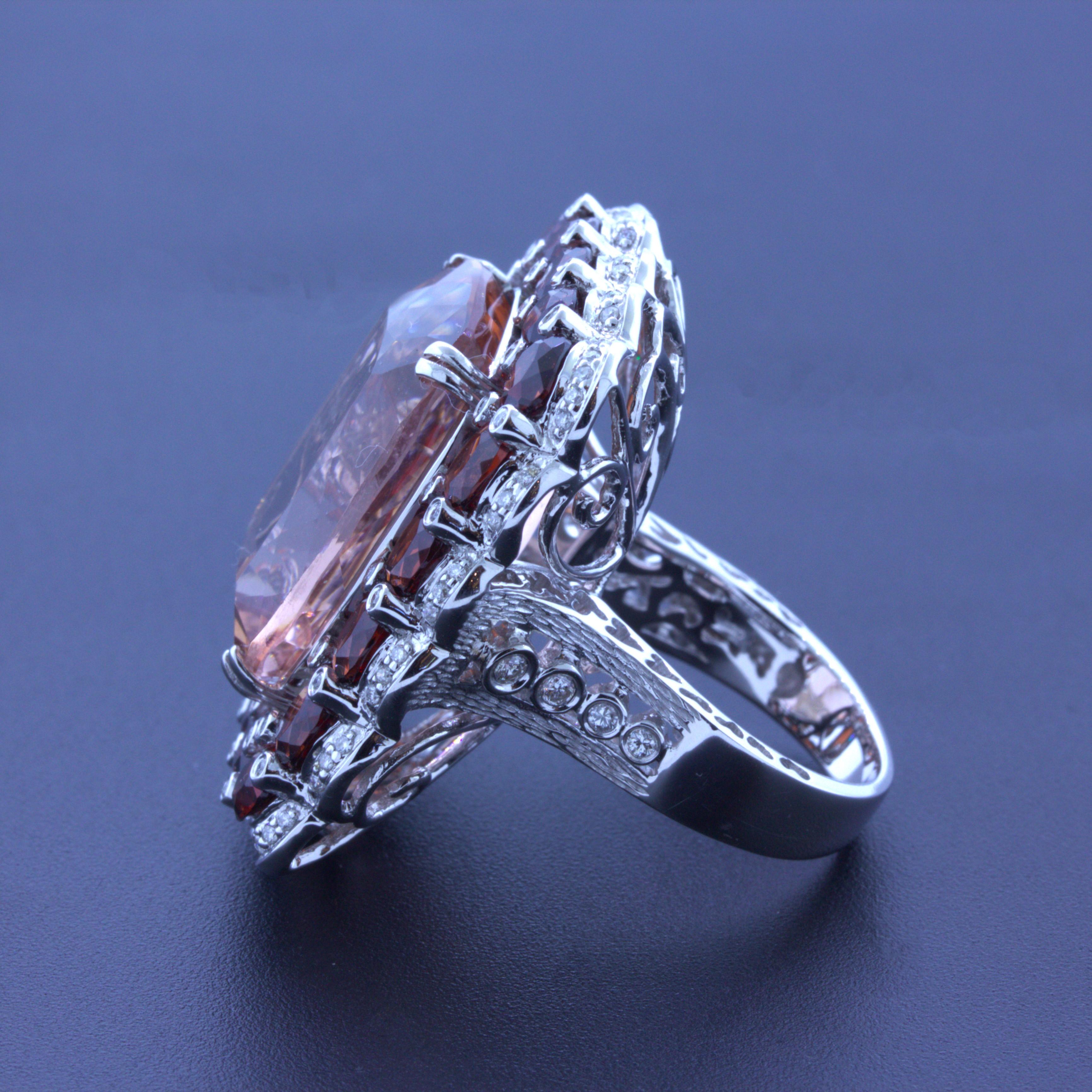 Massive 30.39 Carat Morganite Diamond Garnet 18k White Gold Cocktail Ring