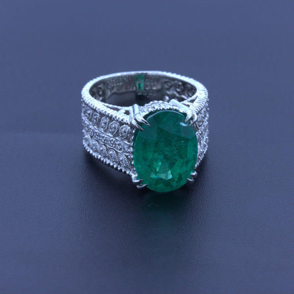 6.70 Carat Emerald Diamond Platinum Floral Ring