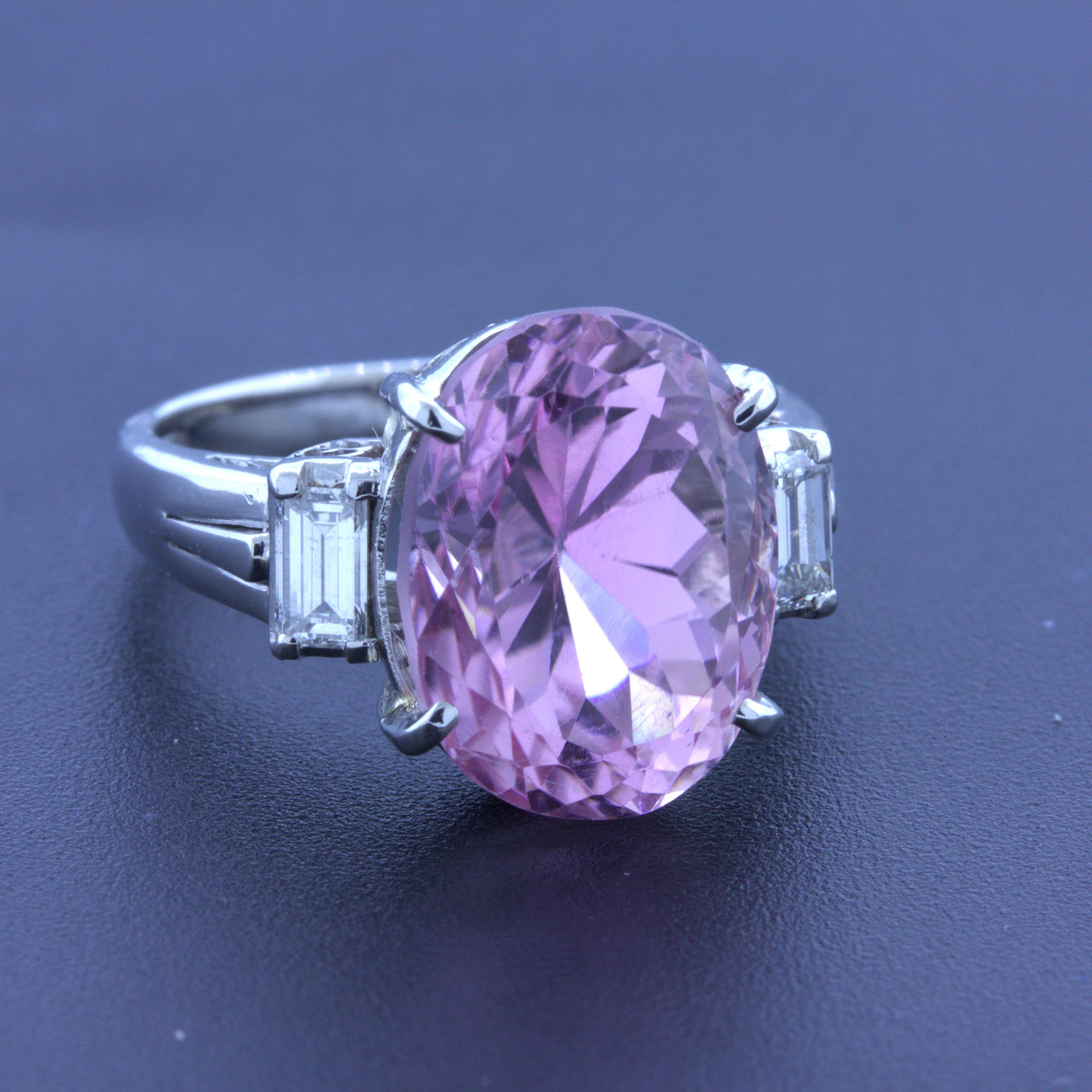 9.70 Carat Kunzite Diamond 3-Stone Platinum Ring