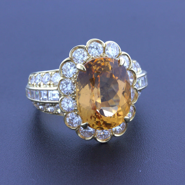 7.07 Carat Imperial Topaz Diamond 18k Yellow Gold Ring