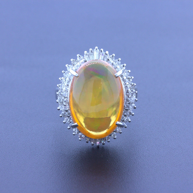 8.48 Carat Mexican Fire Opal Diamond Platinum Ring