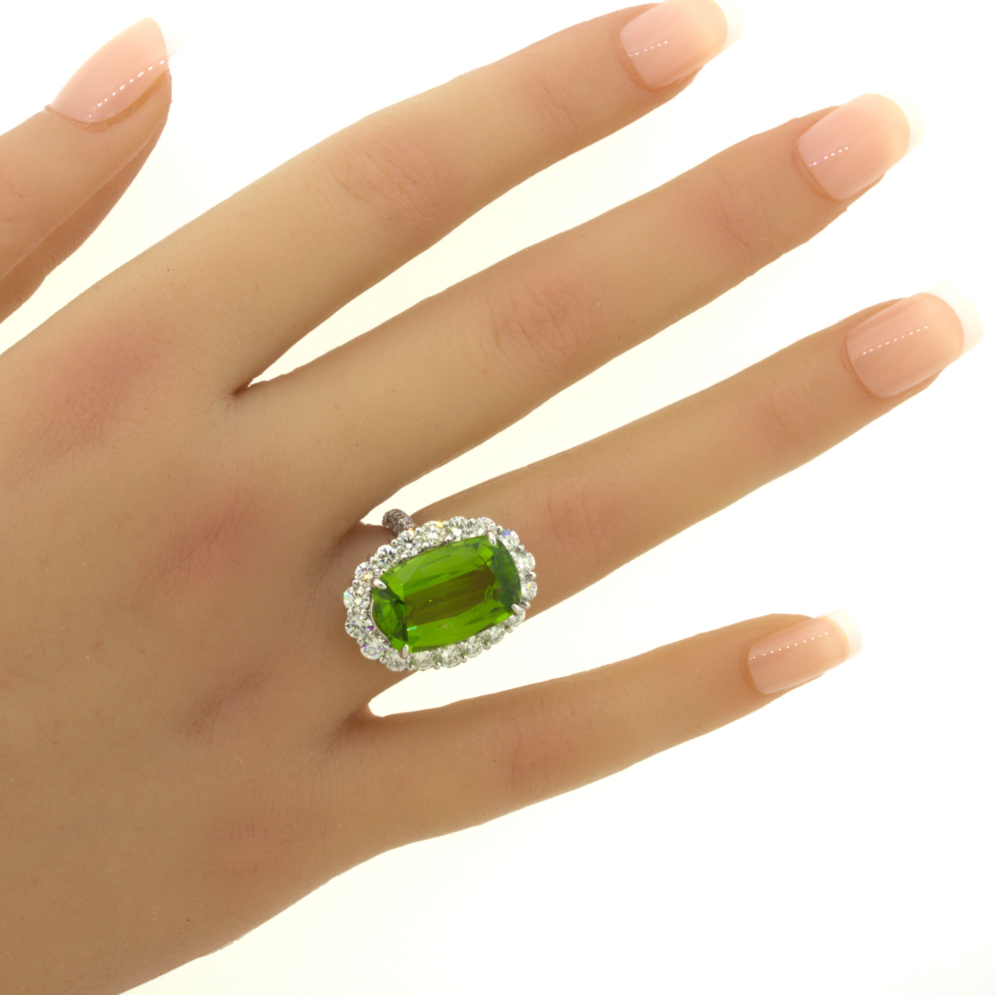 11.52 Carat Peridot Diamond Halo Platinum Ring