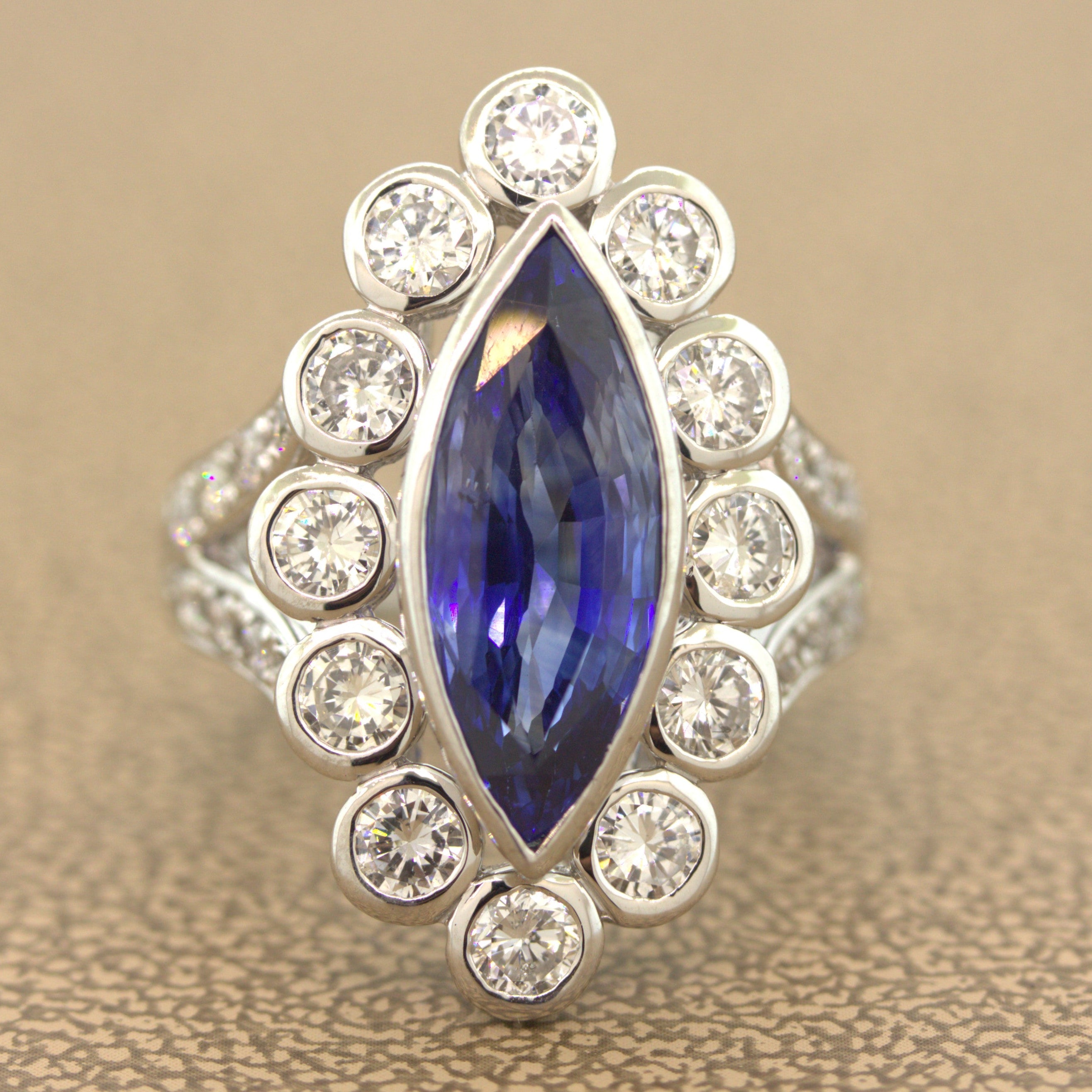6.55 Carat Ceylon Sapphire Diamond Platinum Navette Ring, GIA Certified