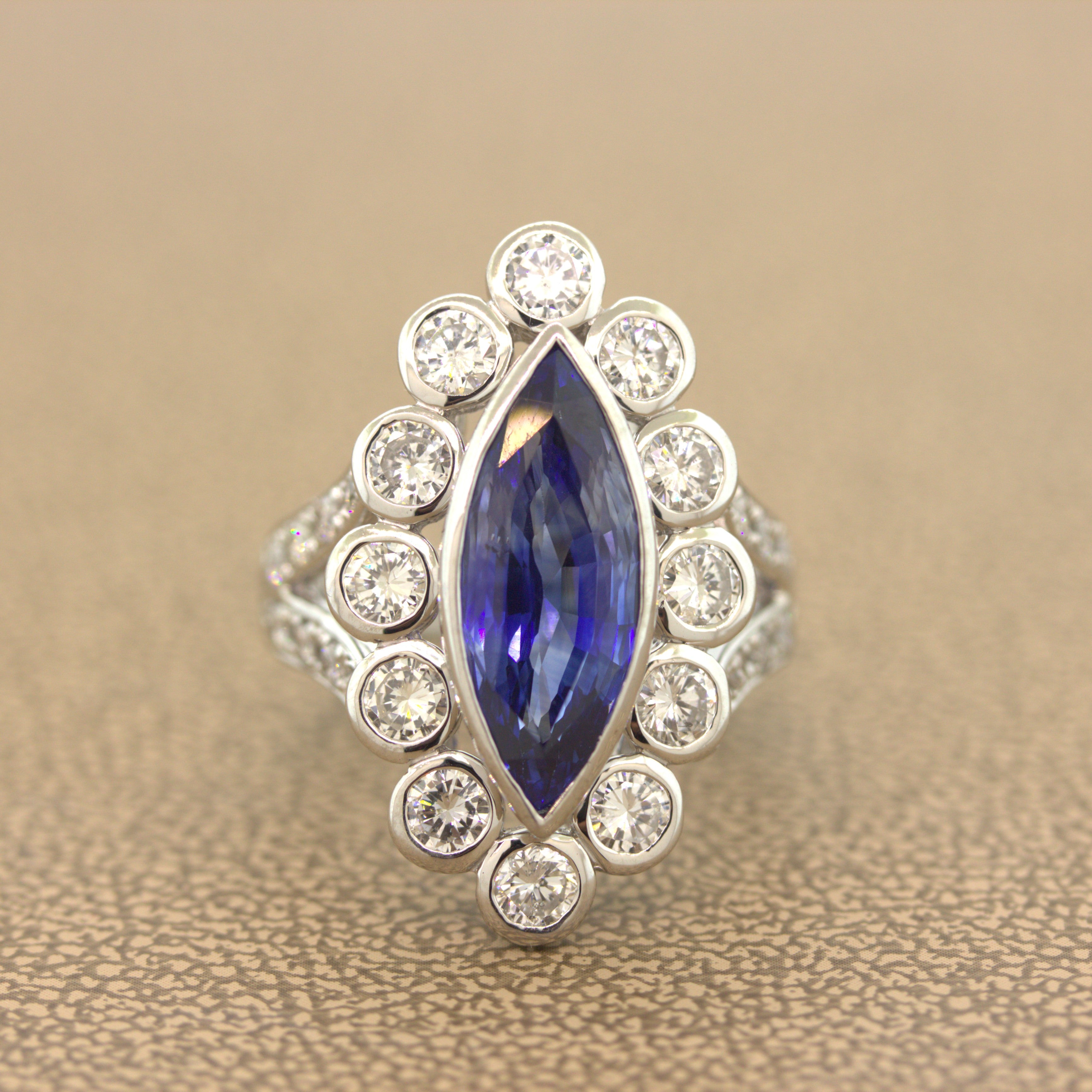 6.55 Carat Ceylon Sapphire Diamond Platinum Navette Ring, GIA Certified