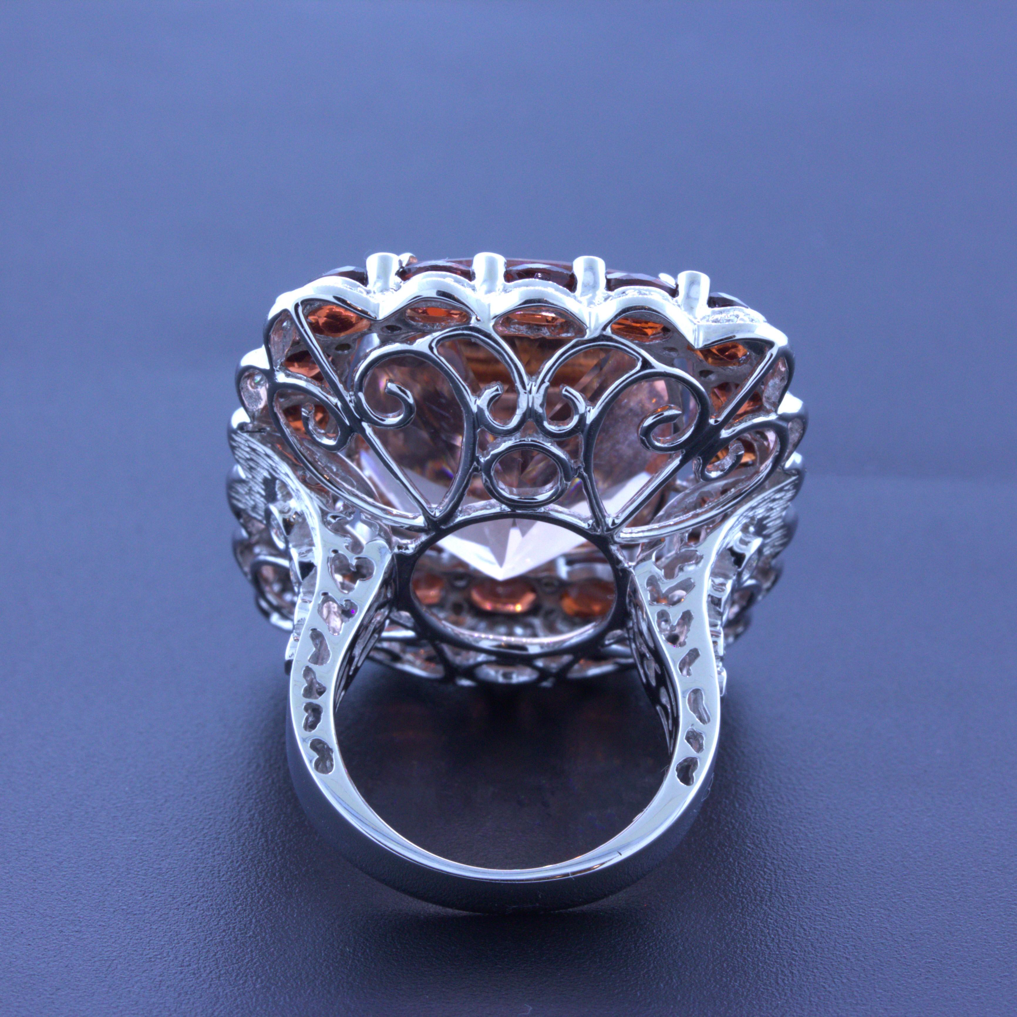 Massive 30.39 Carat Morganite Diamond Garnet 18k White Gold Cocktail Ring