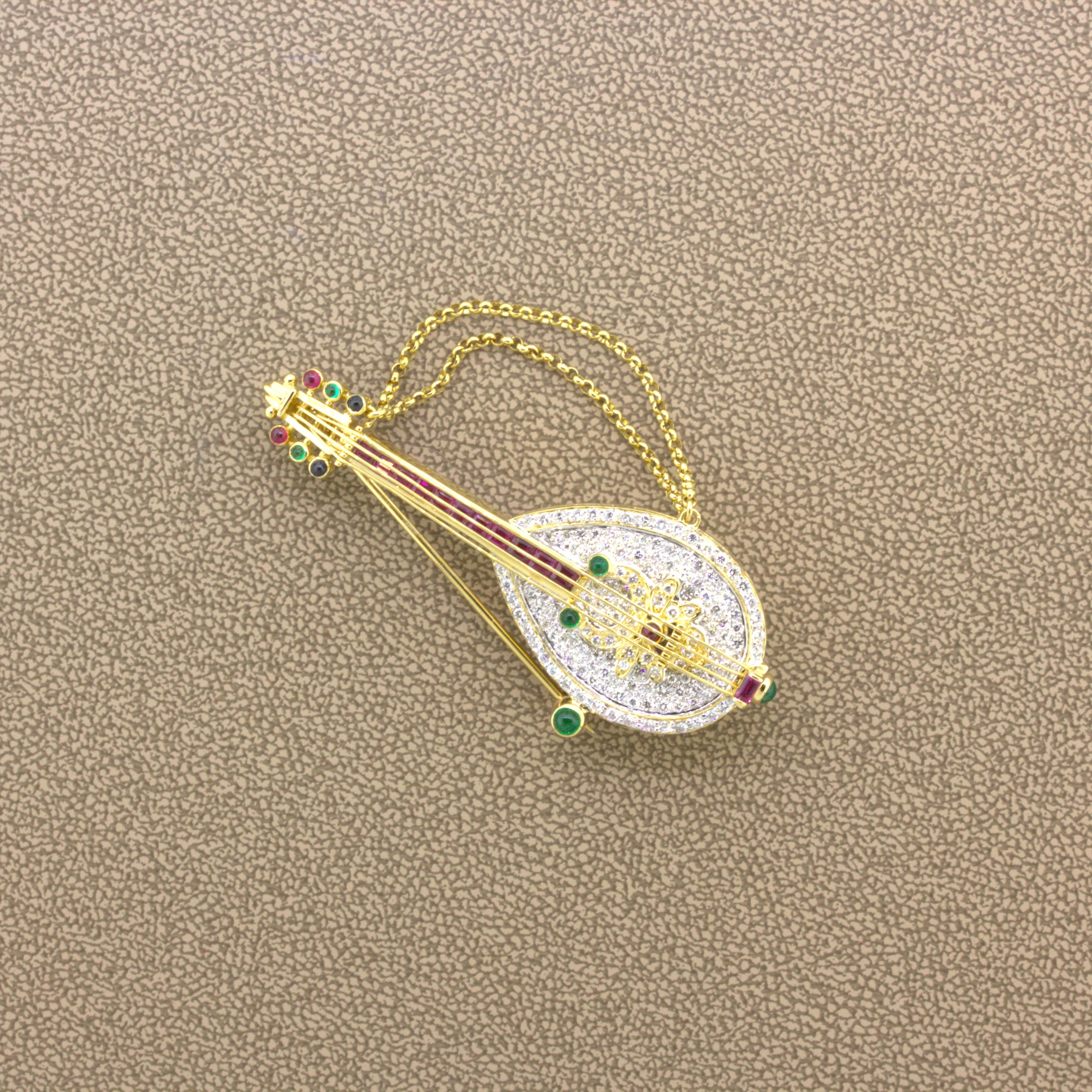 Diamond Ruby Emerald Sapphire 18k Yellow Gold Musical Mandolin Brooch