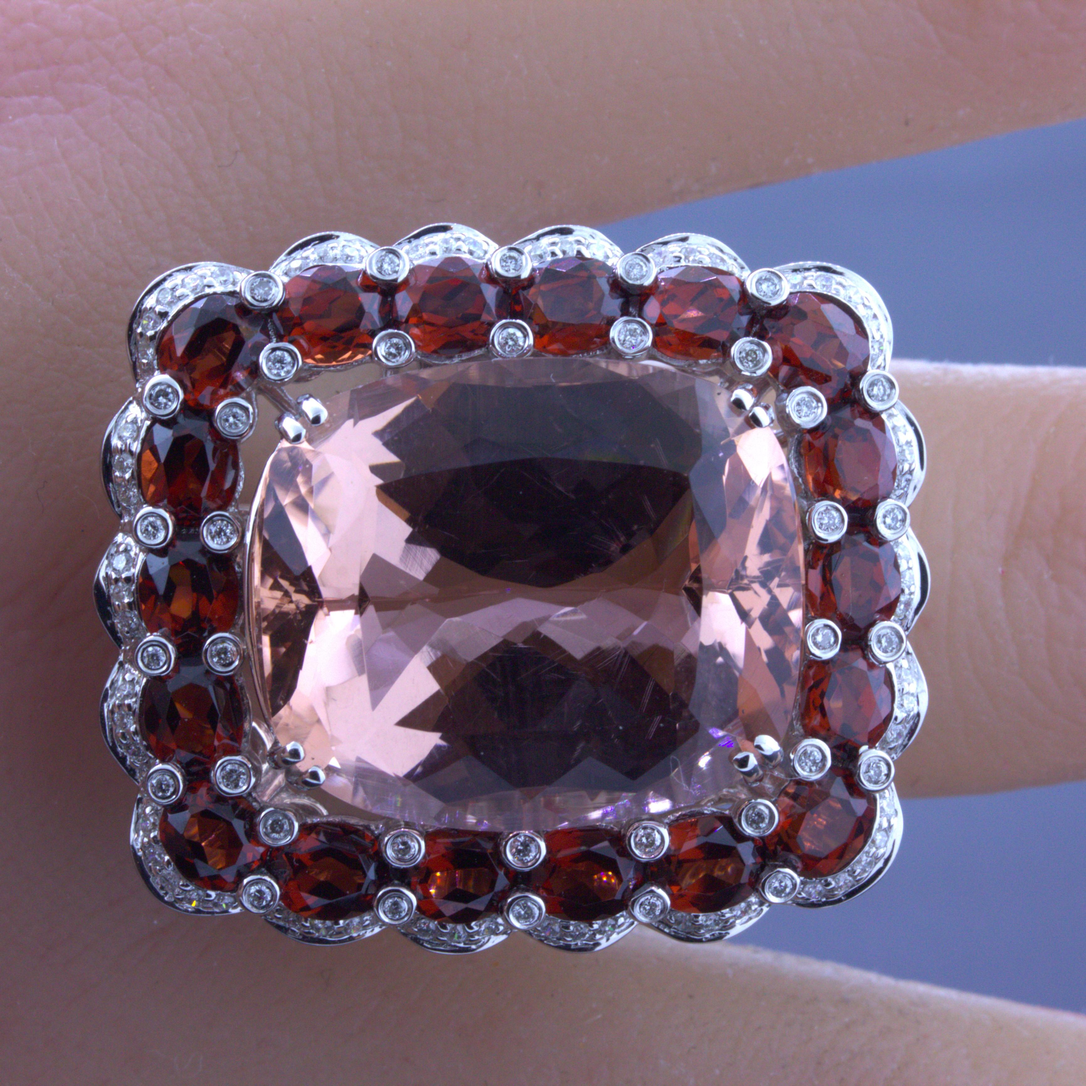 Massive 30.39 Carat Morganite Diamond Garnet 18k White Gold Cocktail Ring