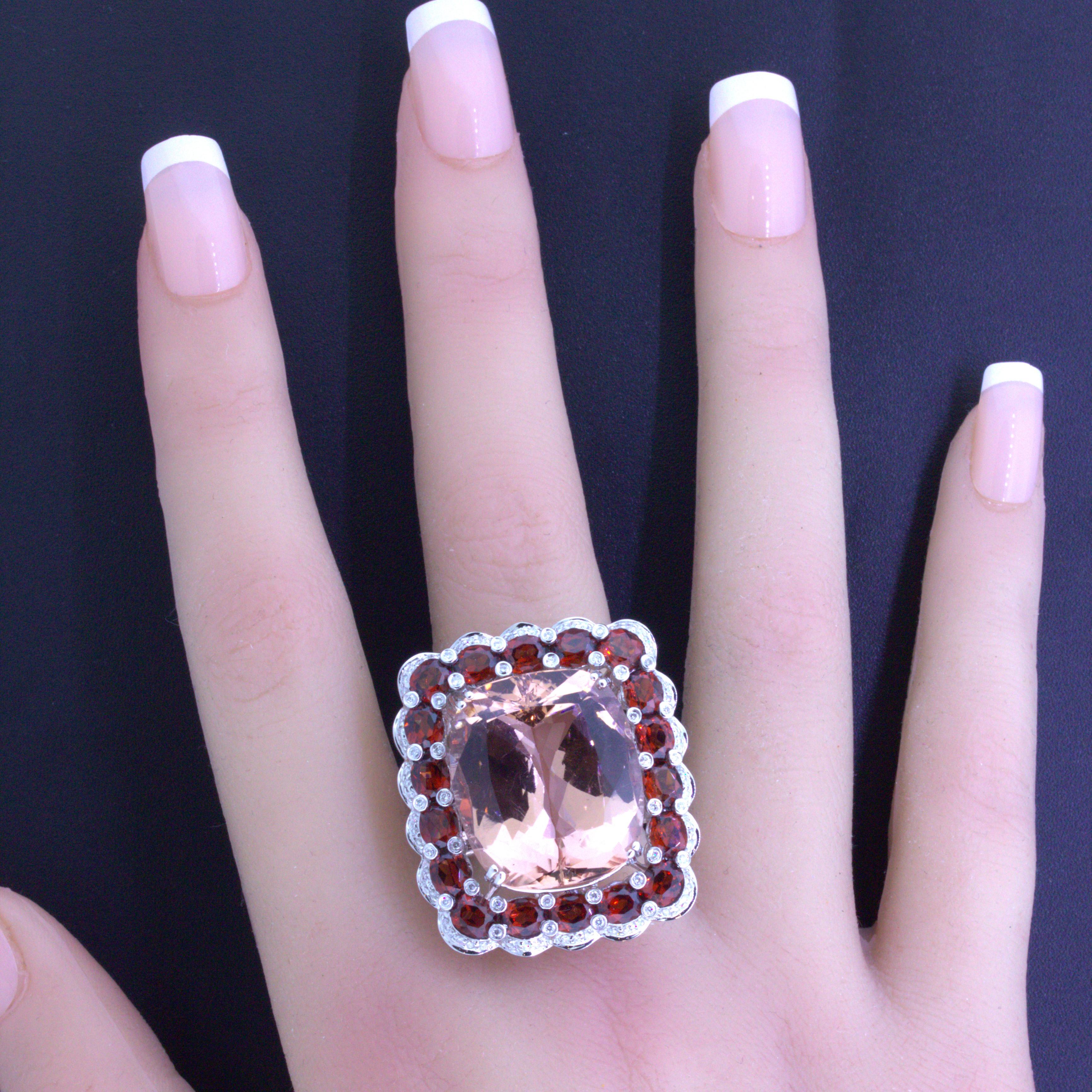 Massive 30.39 Carat Morganite Diamond Garnet 18k White Gold Cocktail Ring