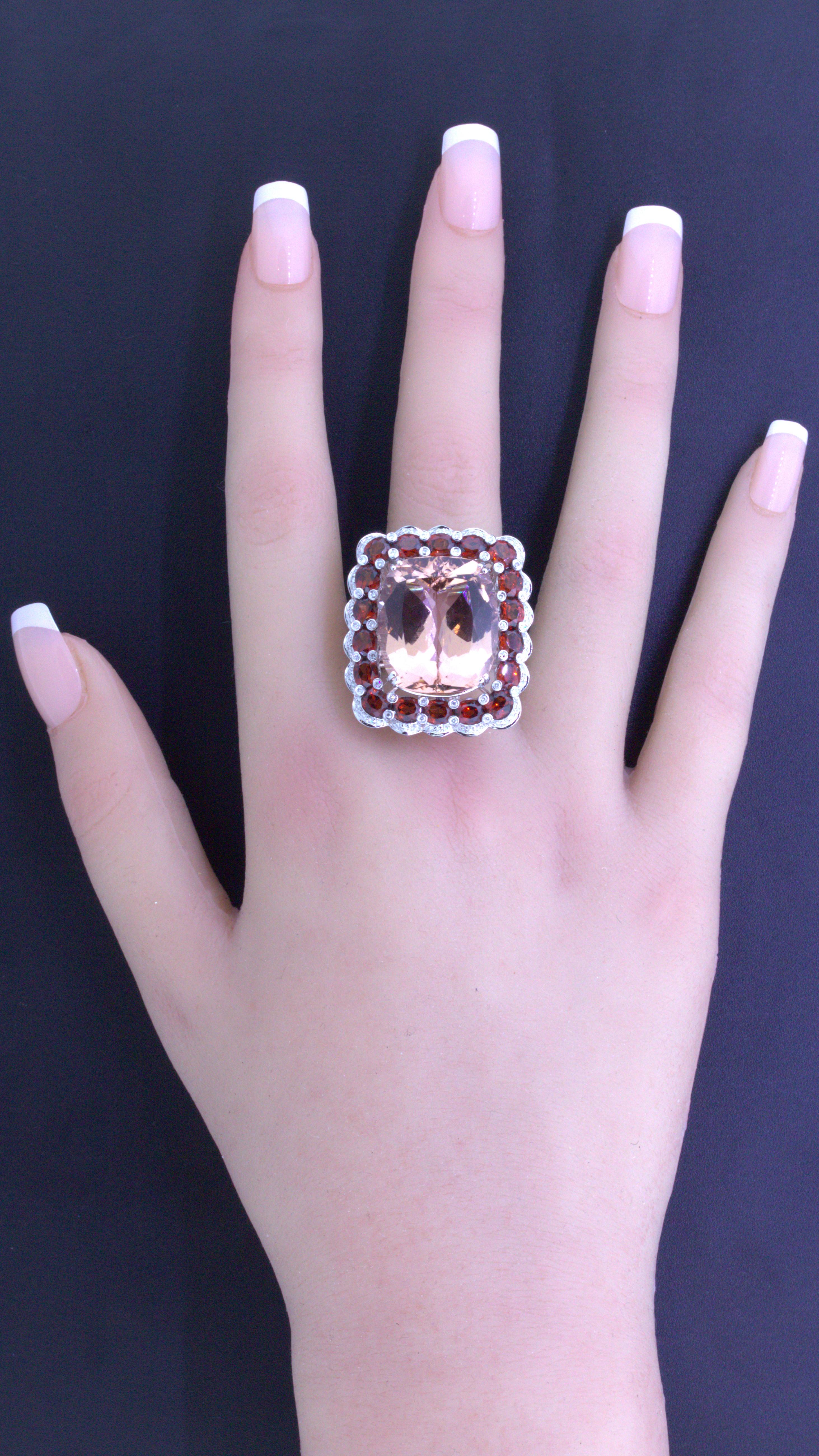 Massive 30.39 Carat Morganite Diamond Garnet 18k White Gold Cocktail Ring