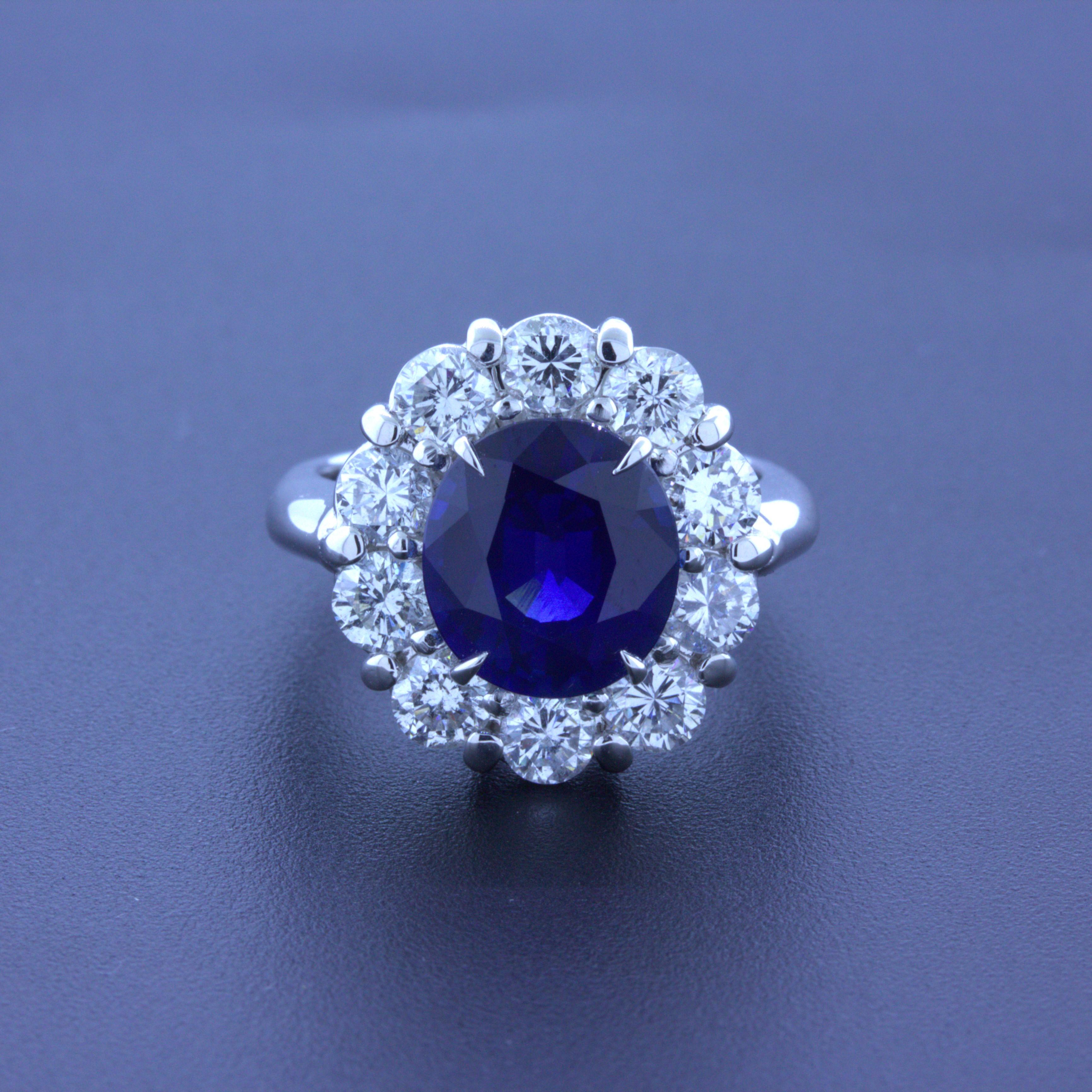 3.90 Carat Blue Sapphire Diamond Halo Platinum Ring, GIA Certified