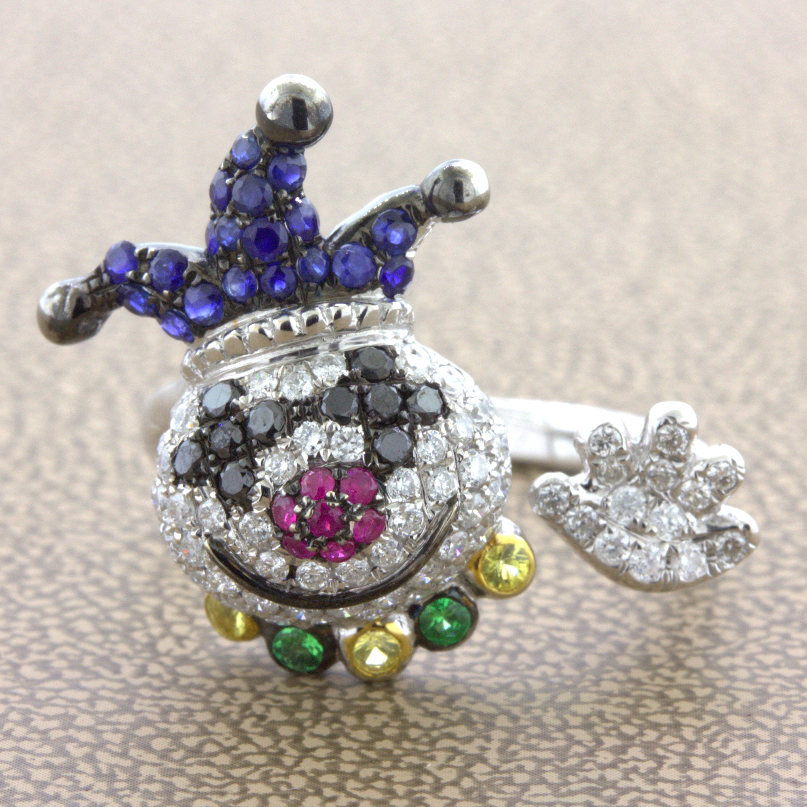 Diamond Sapphire Ruby 18K White Gold Clown Ring